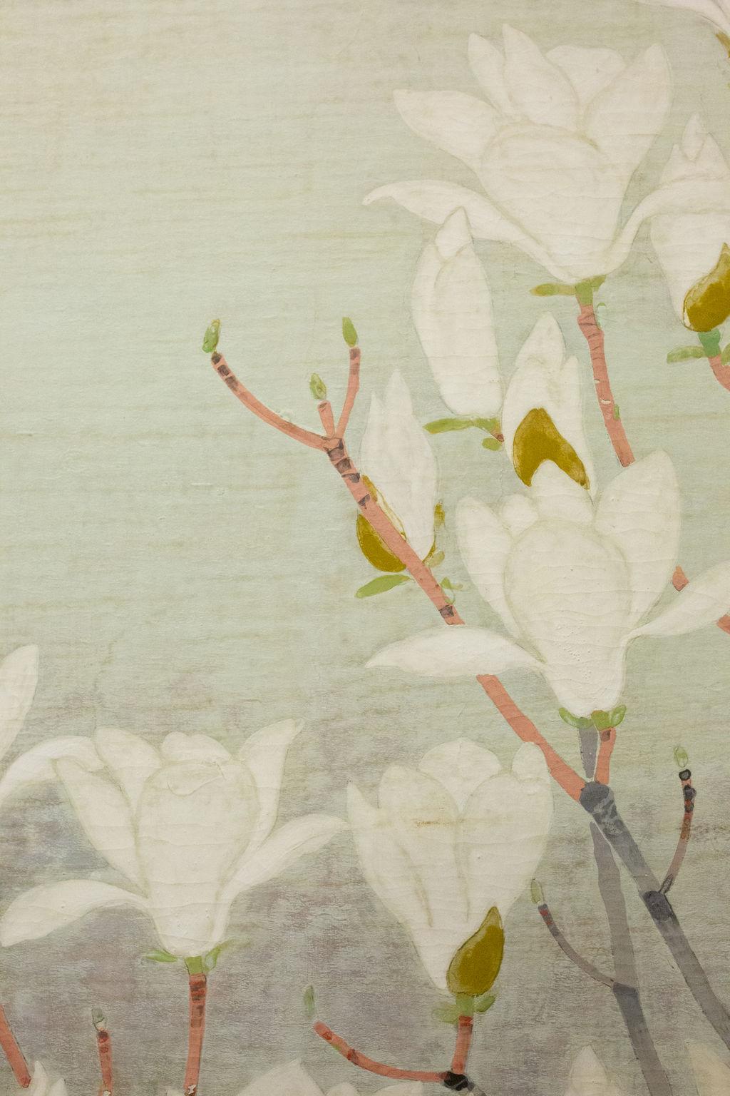 Wood Japanese Two-Panel Screen, Magnolia Tree in Bloom