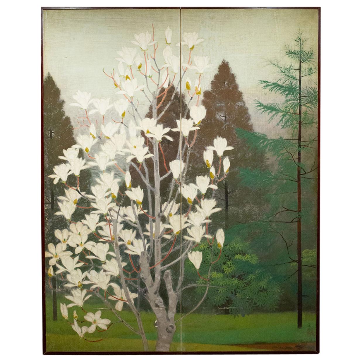 Japanese Two-Panel Screen, Magnolia Tree in Bloom