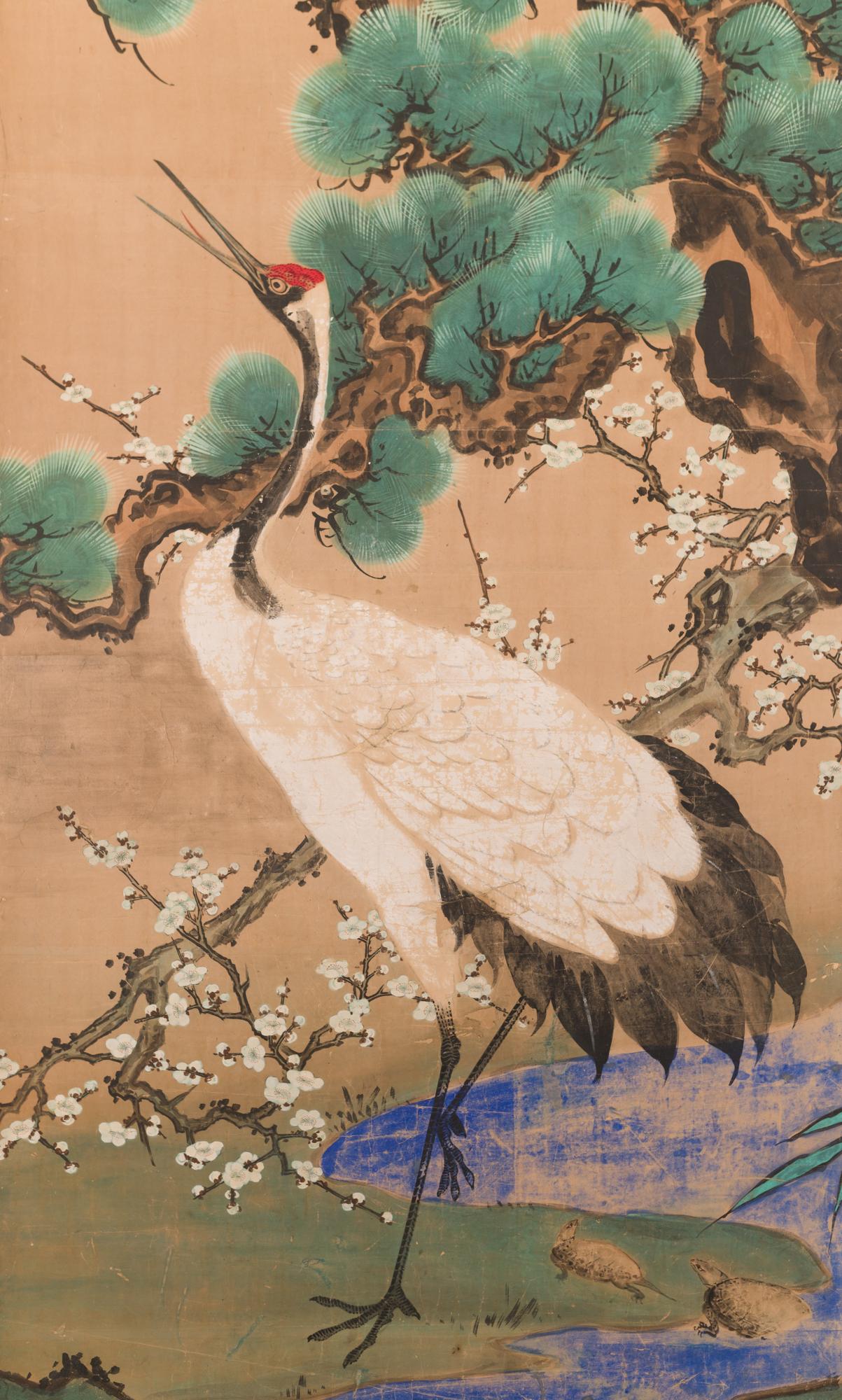 In Japan, cranes symbolize fidelity as they mate for life and turtles symbolize longevity. Additionally, this screen also has the Japanese motif of sho-chiku-bai, or the three friends of winter (pine, plum, and bamboo). So called the three friends