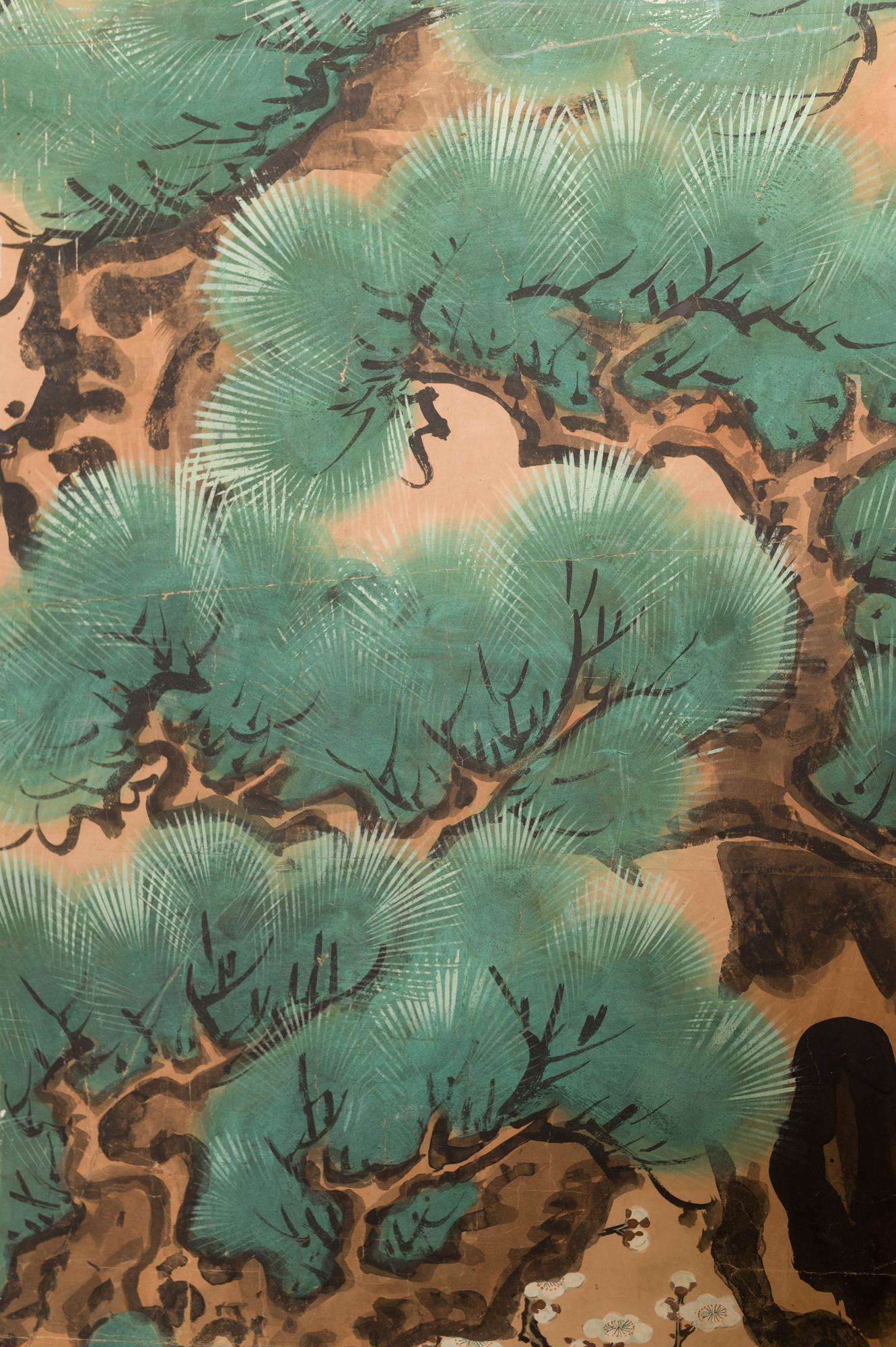Peint à la main Paravent japonais à deux panneaux Grue de Mandchourie et tortues en vente