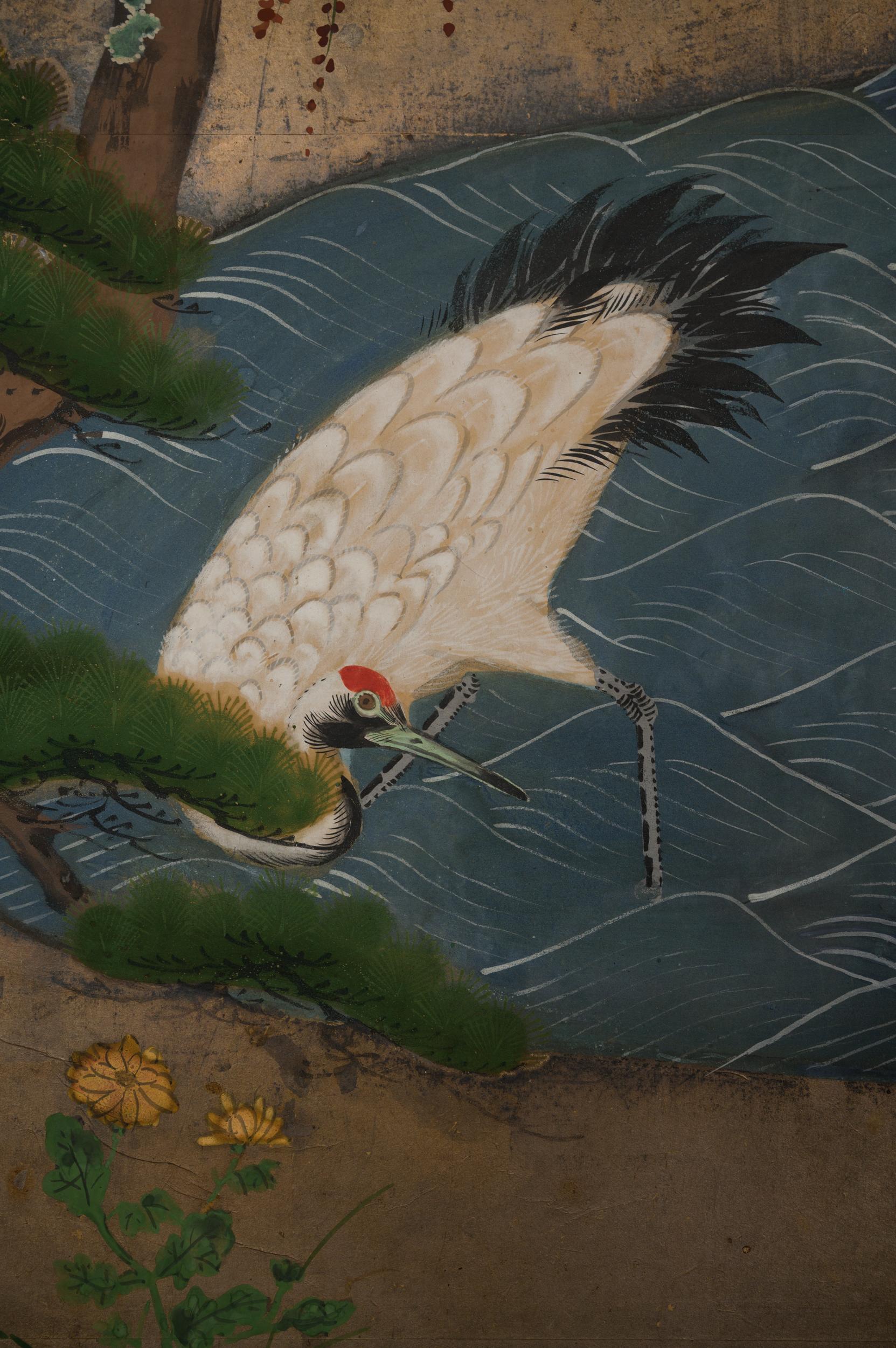 Japanese Two Panel Screen Manchurian Cranes in Water Landscape 6