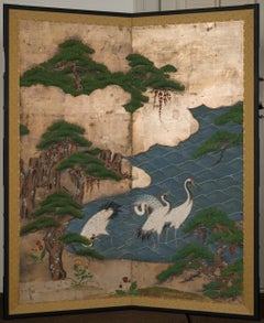 Japanese Two Panel Screen Manchurian Cranes in Water Landscape