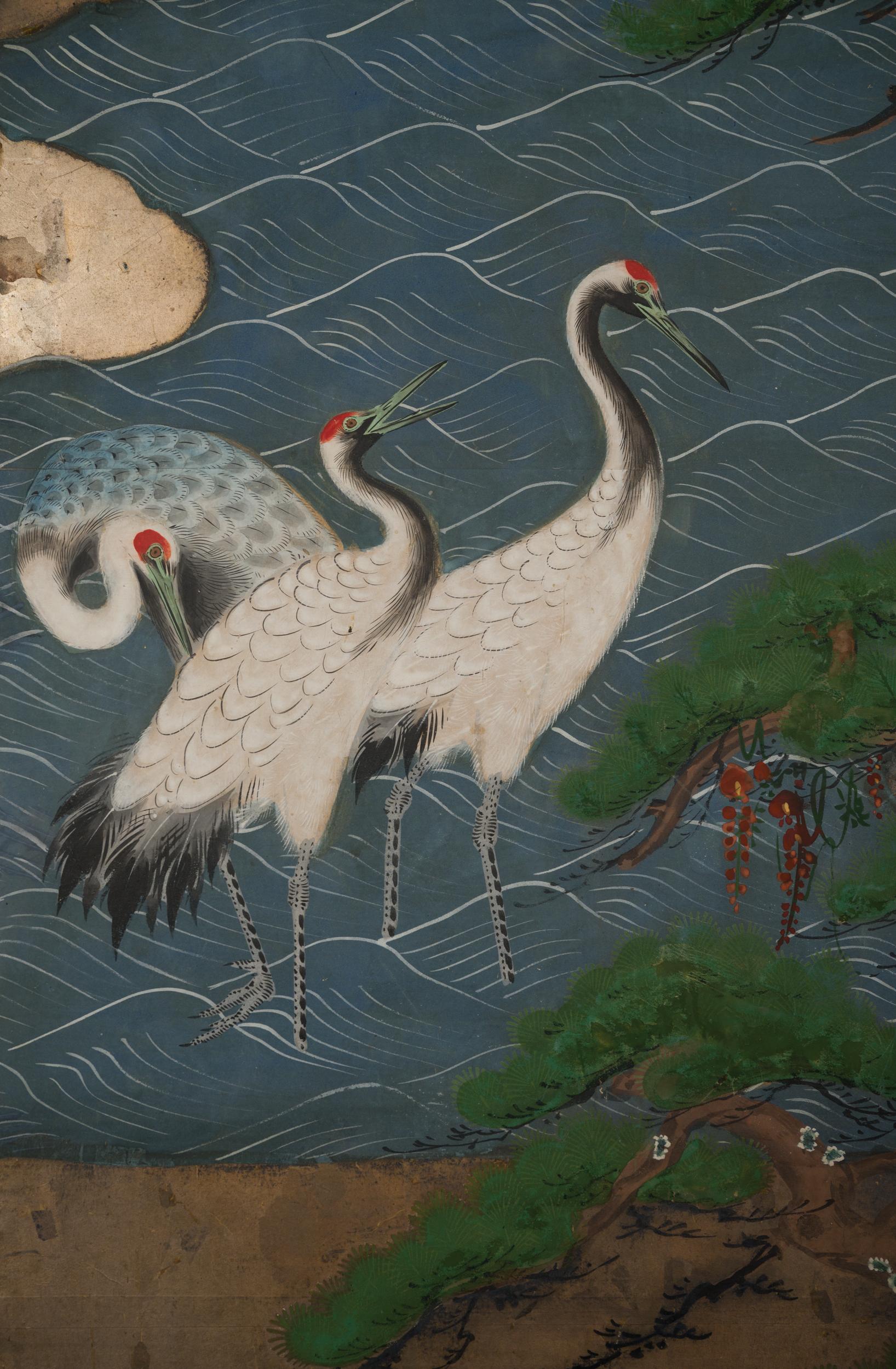 Japanese Two Panel Screen Manchurian Cranes in Water Landscape In Good Condition In Hudson, NY