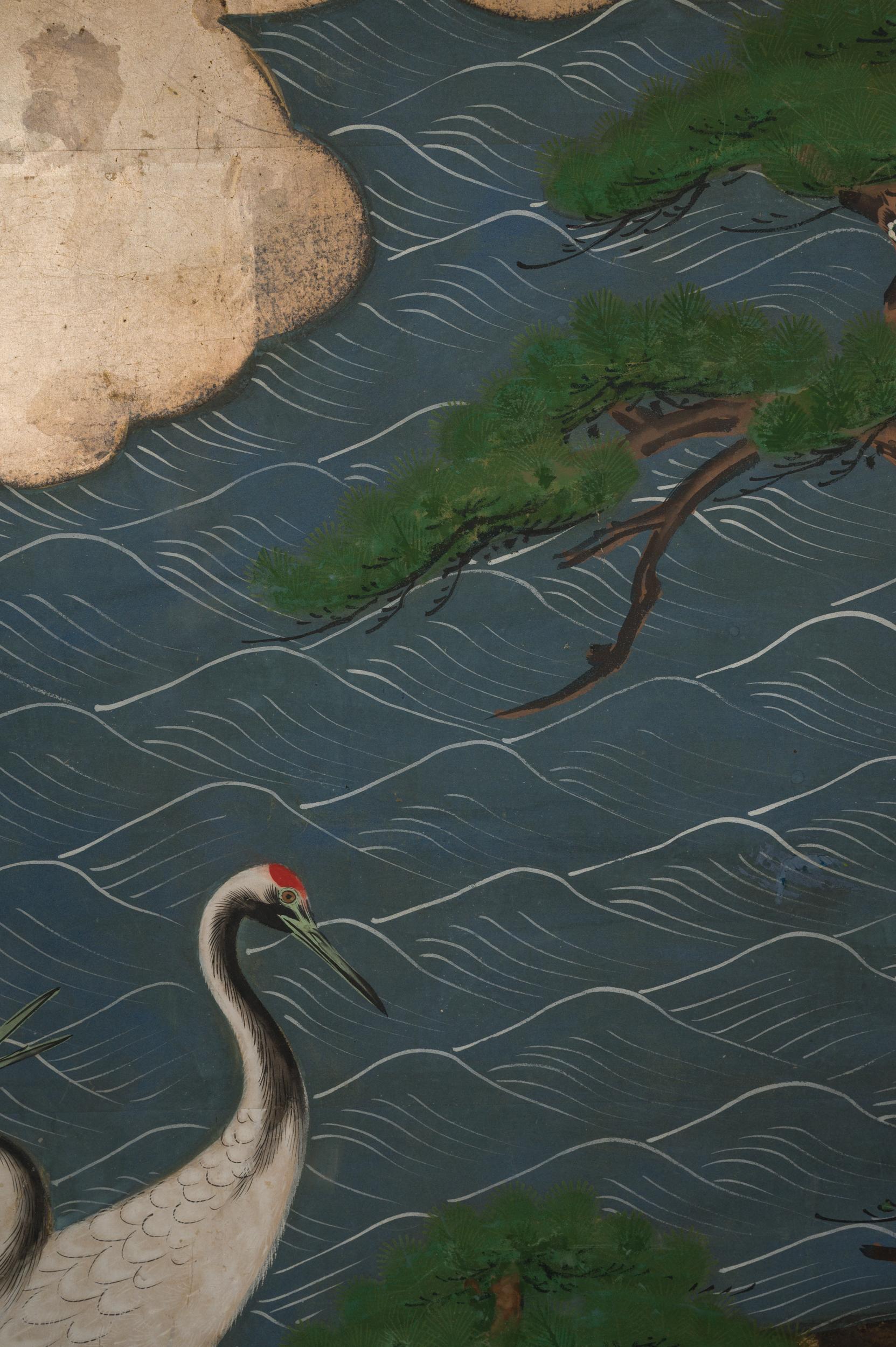Paint Japanese Two Panel Screen Manchurian Cranes in Water Landscape
