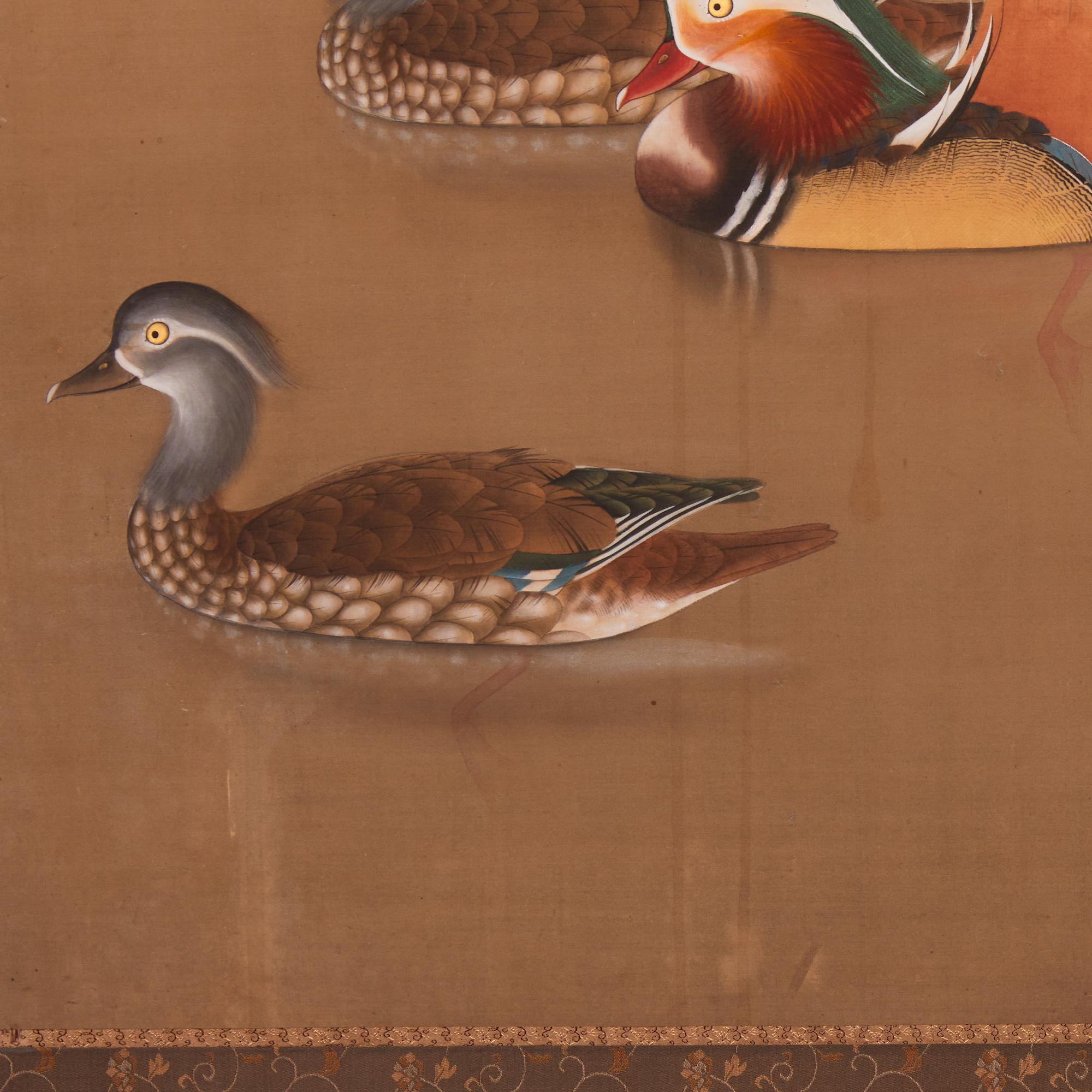 Natural scene of Mandarin ducks gliding gracefully amongst the water.
Mineral pigments on silk with silk brocade border and natural wood trim. Seal reads: Kei. 