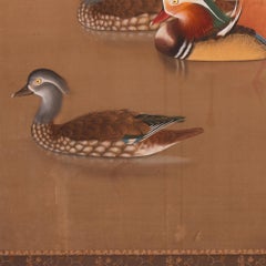Japanese Two Panel Screen: Mandarin Ducks Among Dry Lotus