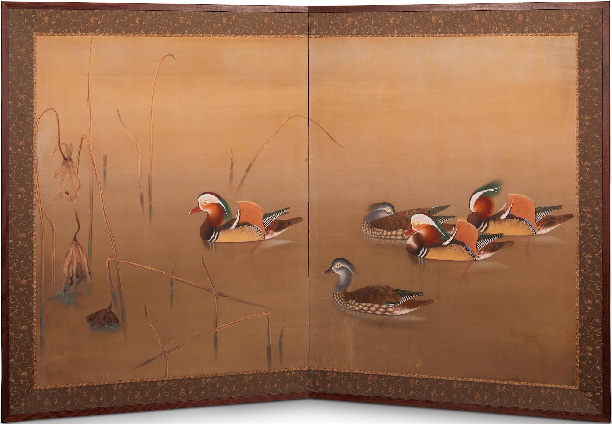Japanese Two Panel Screen: Mandarin Ducks Among Dry Lotus In Good Condition For Sale In Hudson, NY