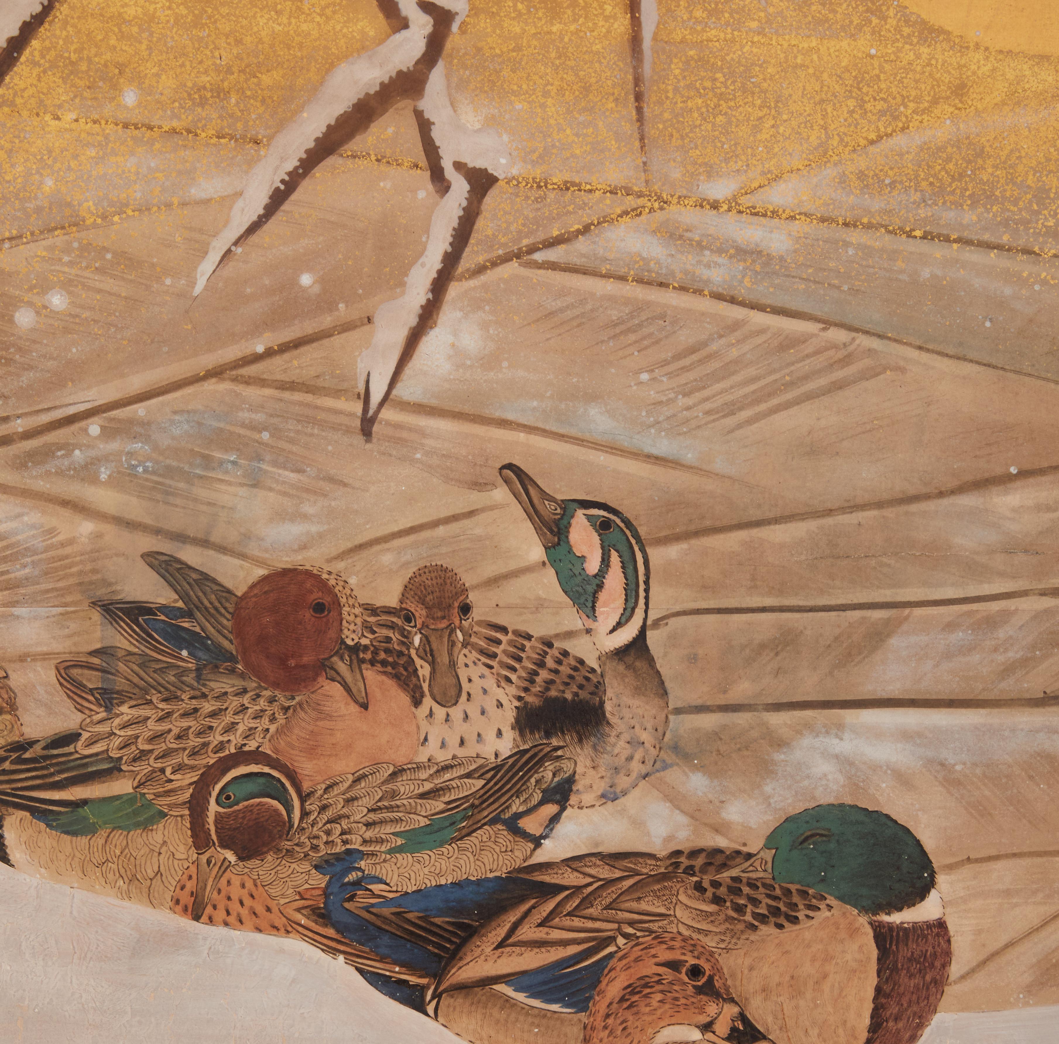 Japanese Two Panel Screen: Mandarin Ducks in Winter In Good Condition For Sale In Hudson, NY