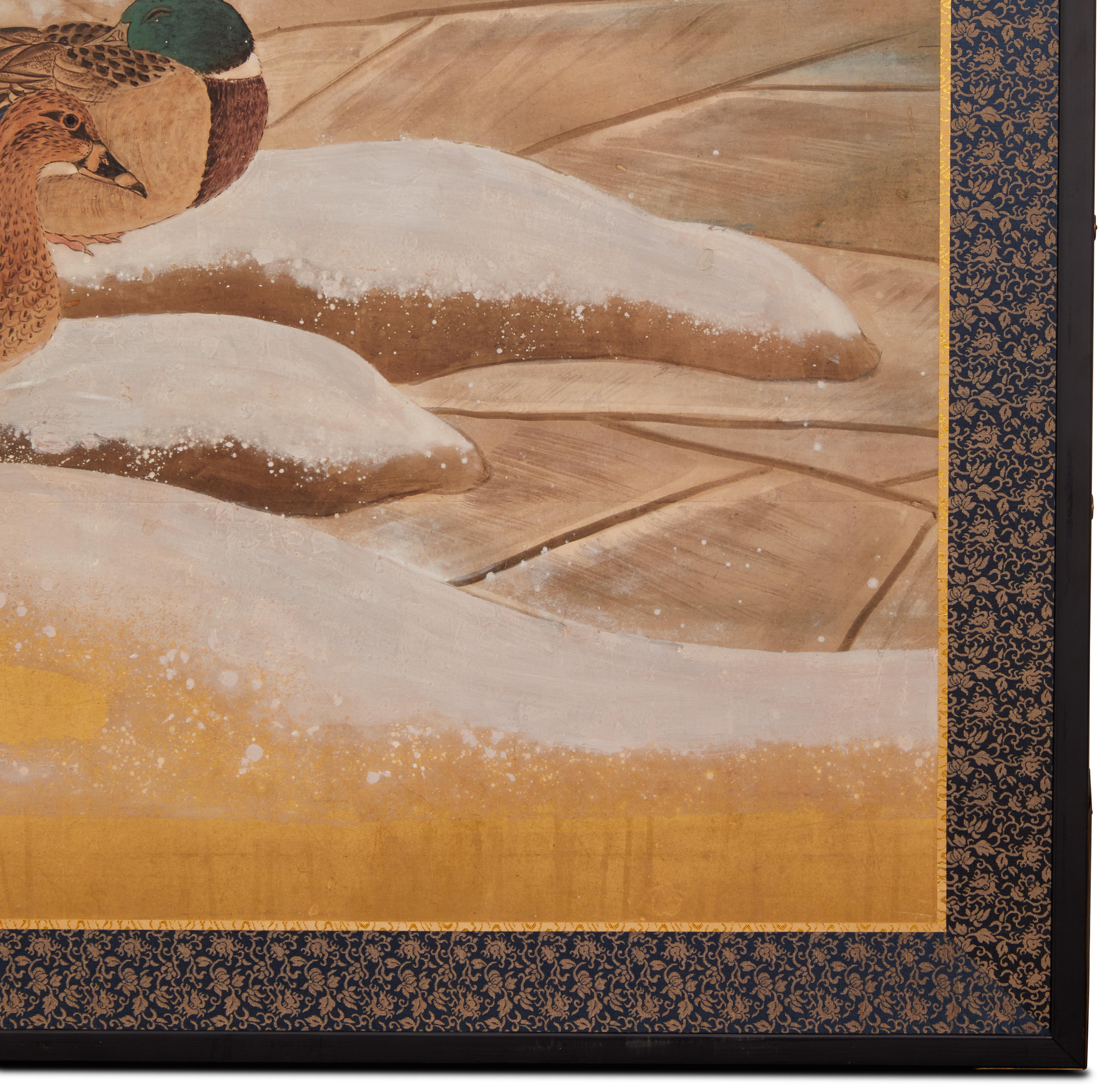 Japanese Two Panel Screen: Mandarin Ducks in Winter For Sale 2