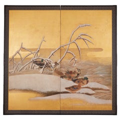 Antique Japanese Two Panel Screen: Mandarin Ducks in Winter