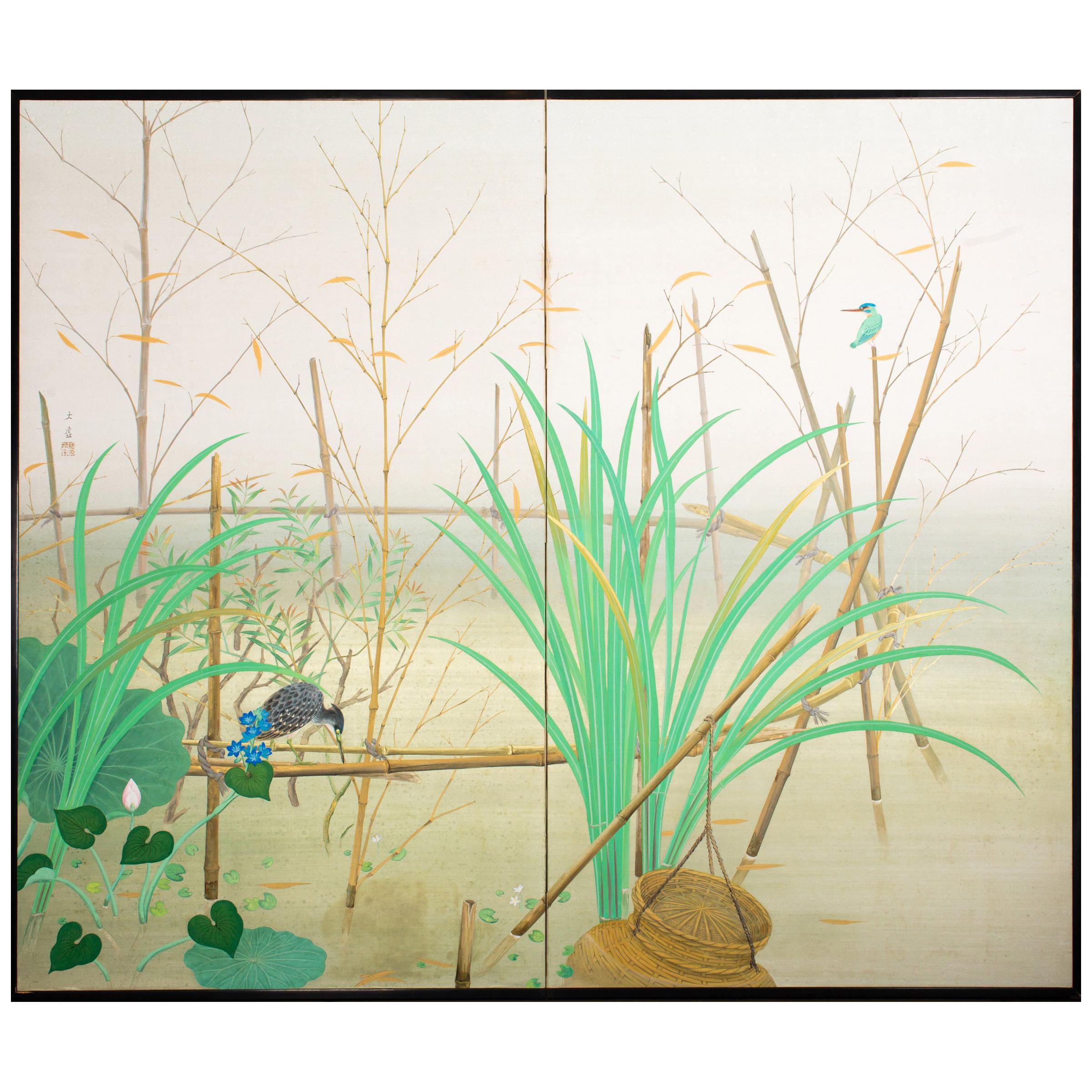 Japanese Two-Panel Screen Marsh Flowers
