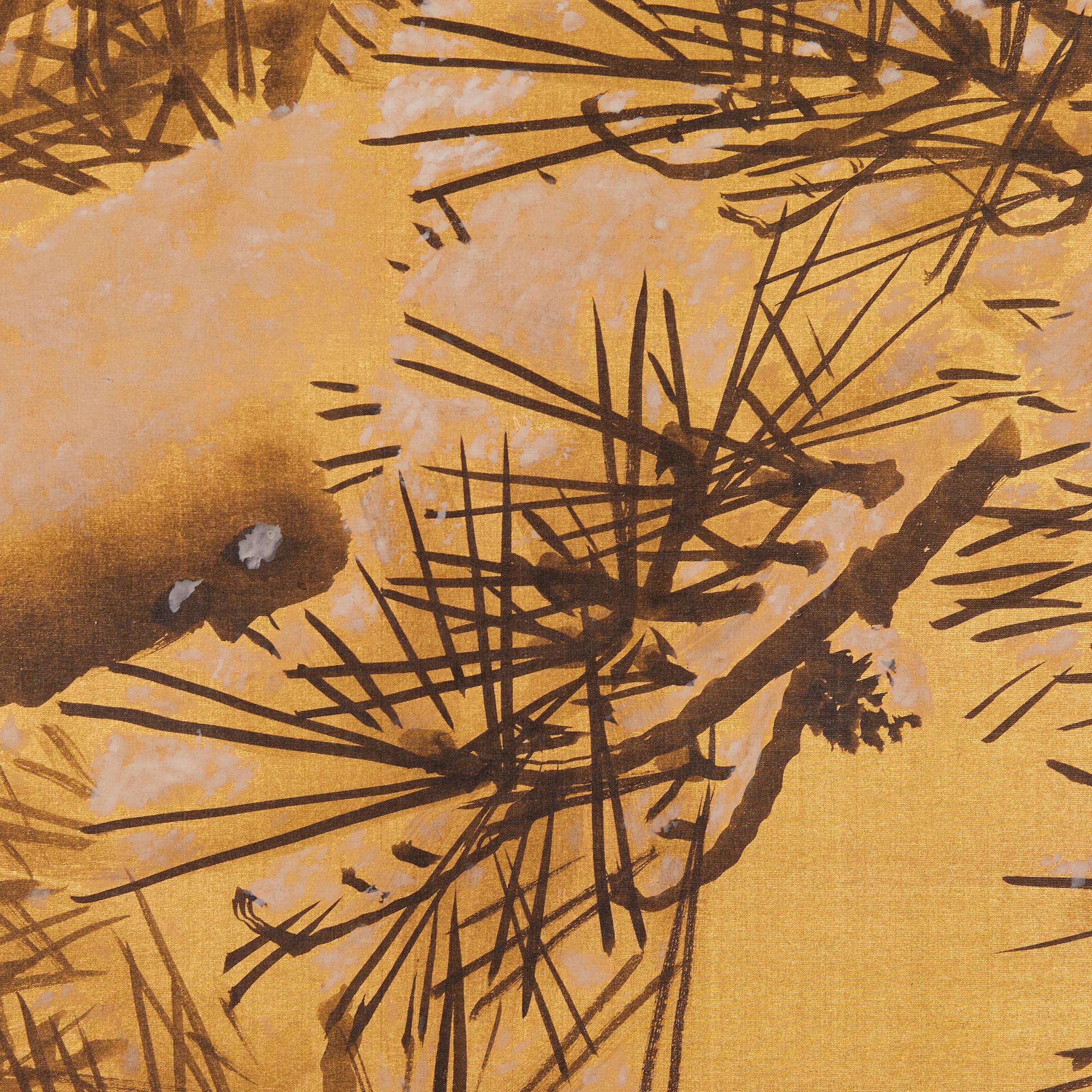 Japanese Two-Panel Screen, Maruyama Oyo’s Pine in Snow In Good Condition In Hudson, NY