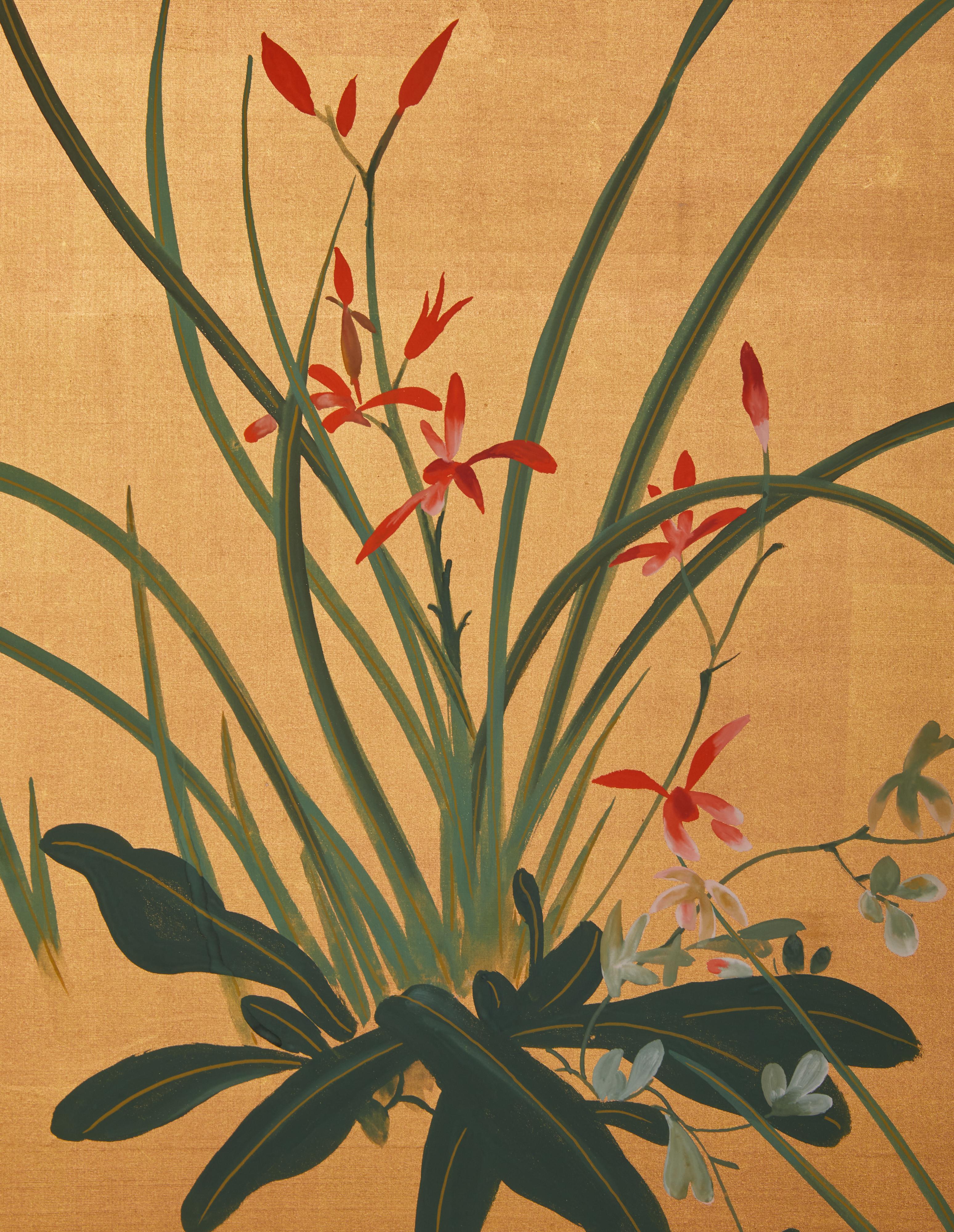 Japanischer Raumteiler mit zwei Tafeln: Mond und Blumen (20. Jahrhundert) im Angebot