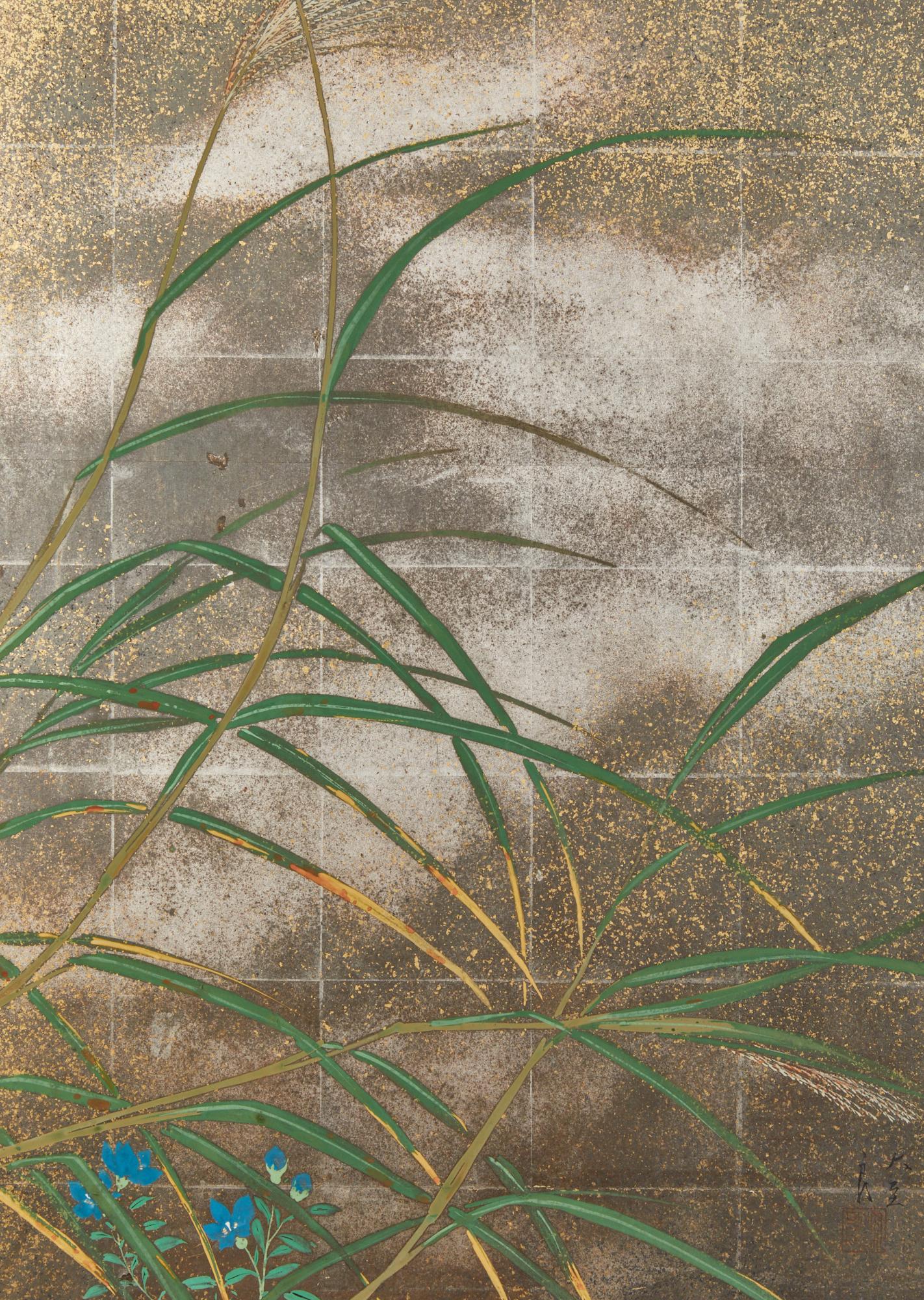Ink, mineral pigments and gold flake on applied silver with negoro-style lacquer trim. Signature and seal read: Taishi Ryo