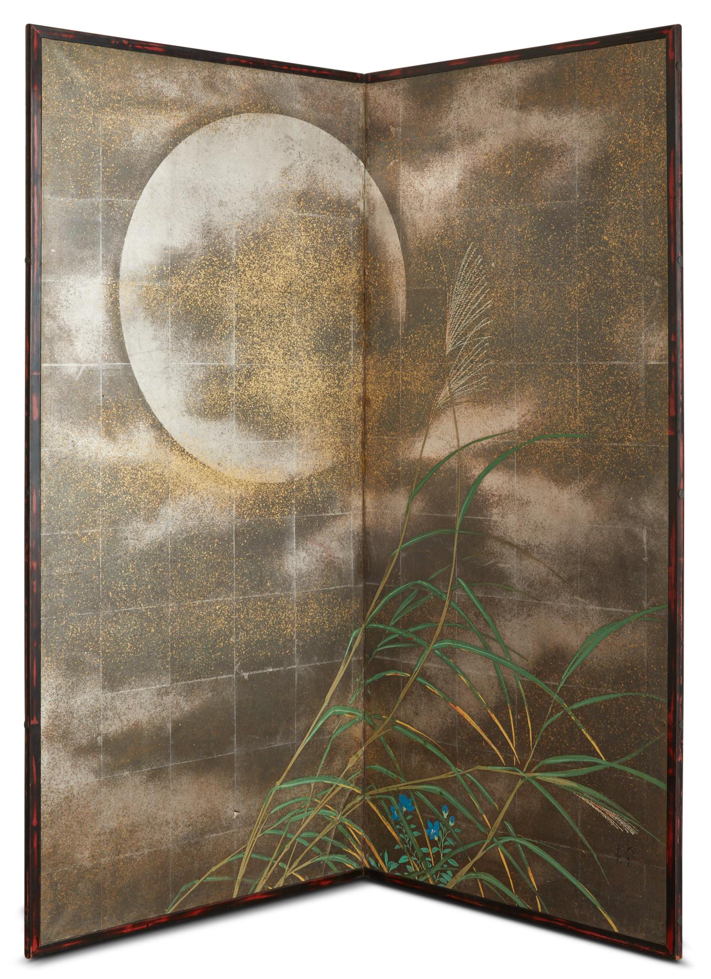 Japanese Two Panel Screen: Moon and Wild Grasses 4