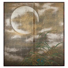 Japanese Two Panel Screen: Moon and Wild Grasses