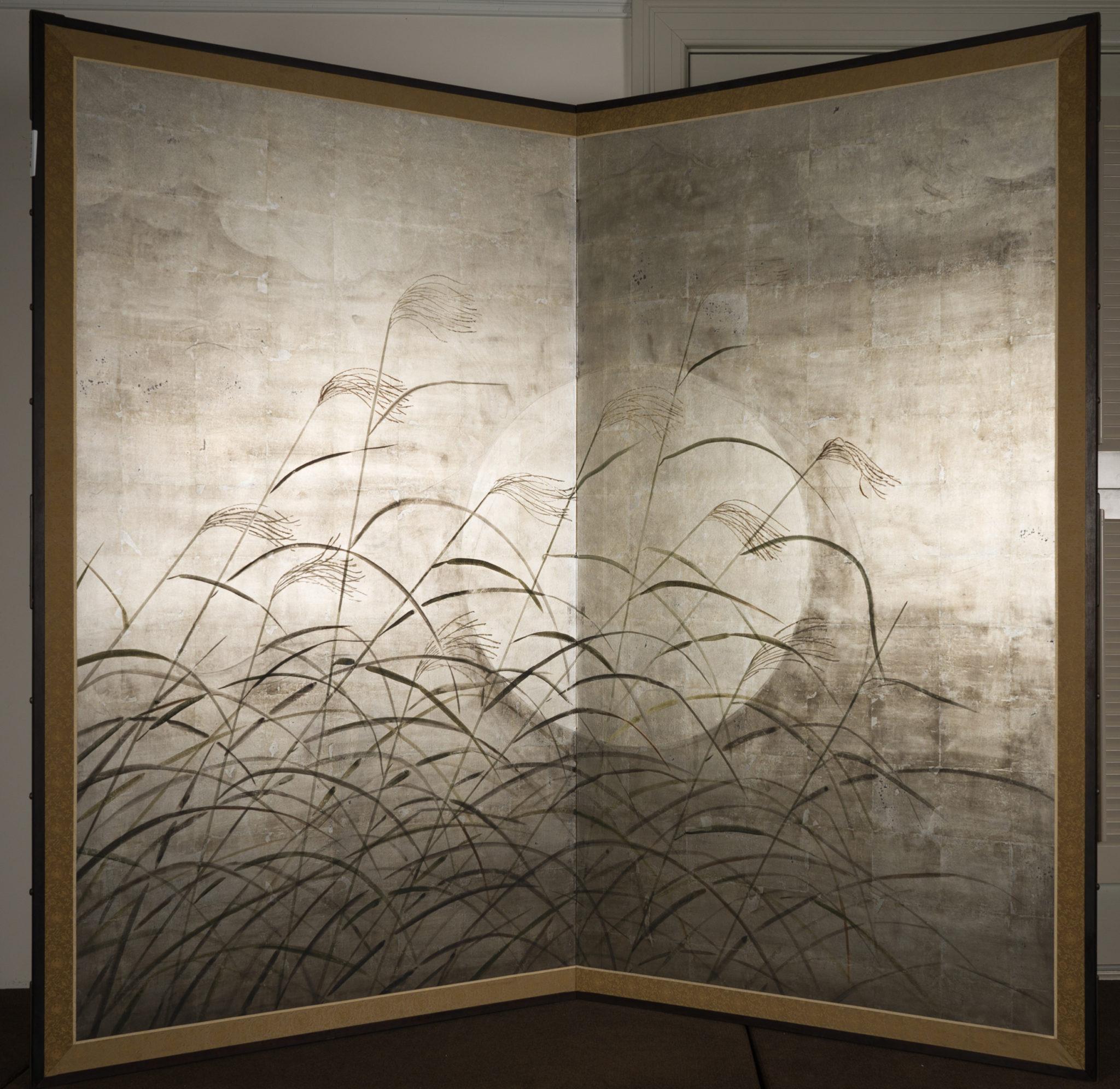 Japanese Two Panel Screen: Moon and Wild Grasses on Silver Leaf 6