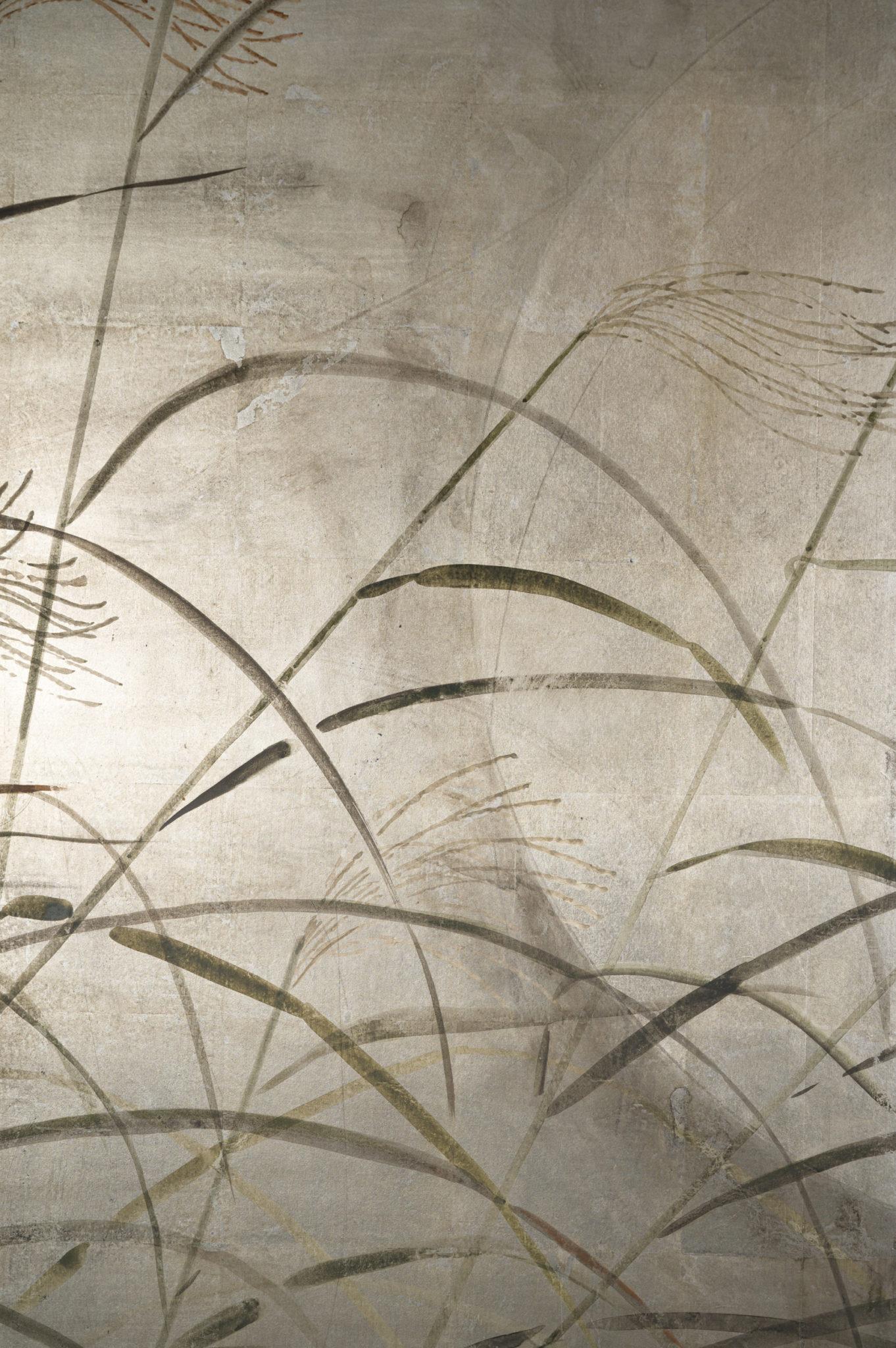 Japanese Two Panel Screen: Moon and Wild Grasses on Silver Leaf In Good Condition In Hudson, NY