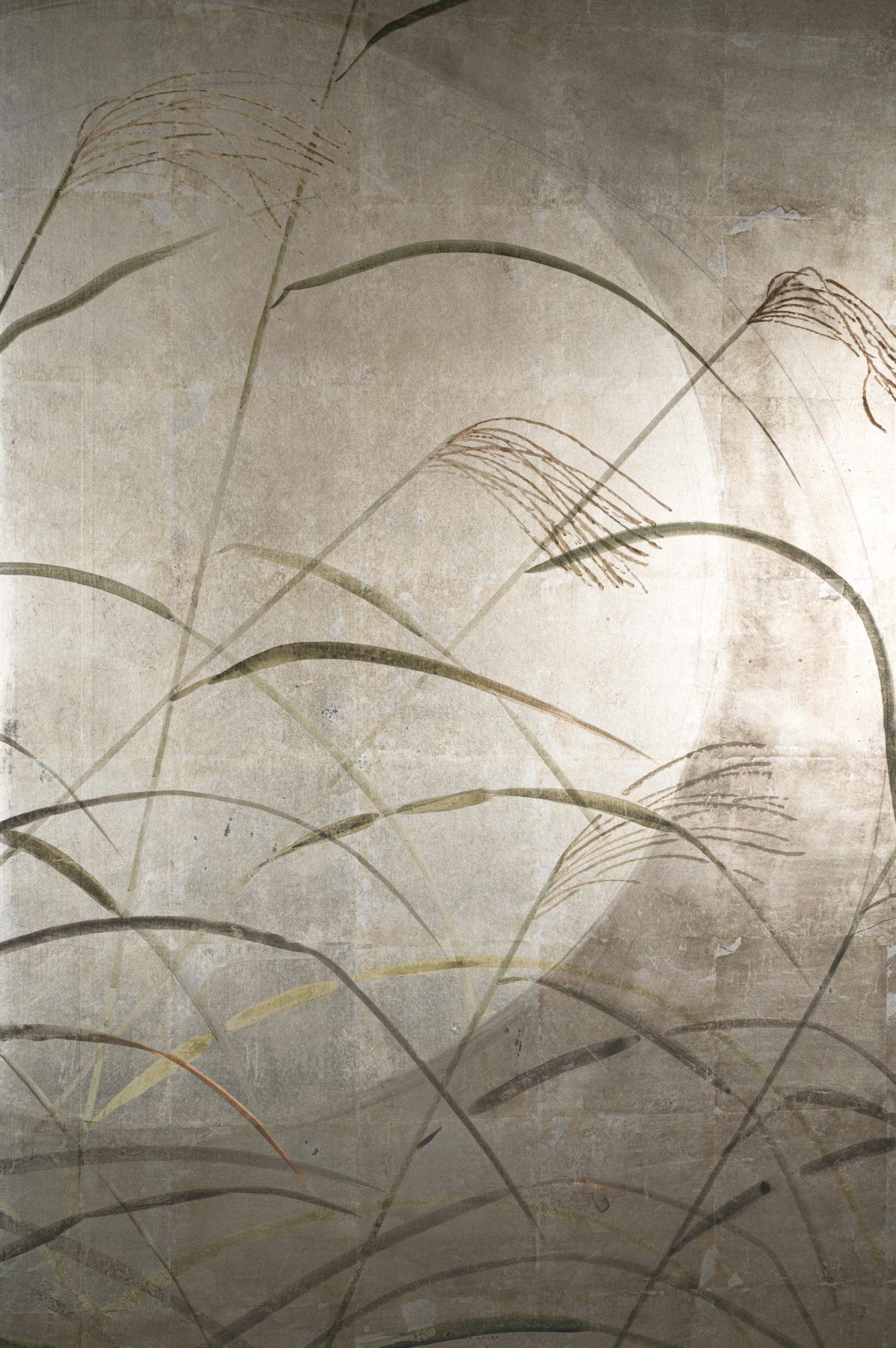 19th Century Japanese Two Panel Screen: Moon and Wild Grasses on Silver Leaf