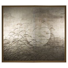Japanese Two Panel Screen: Moon and Wild Grasses on Silver Leaf