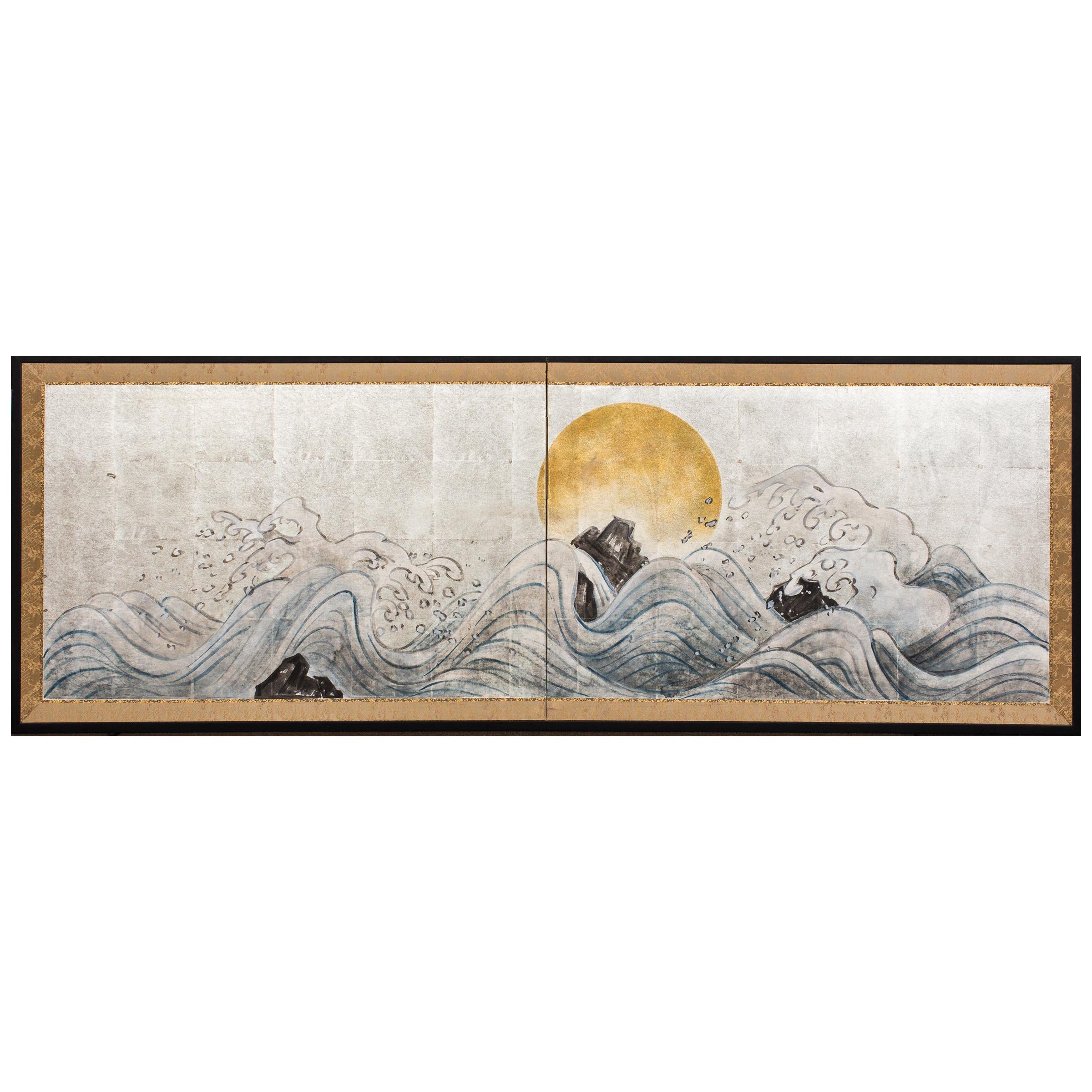 Japanese Two Panel Screen Moon Over Cresting Waves
