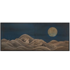 Japanese Two-Panel Screen "Moon Over Rocky Coastline"