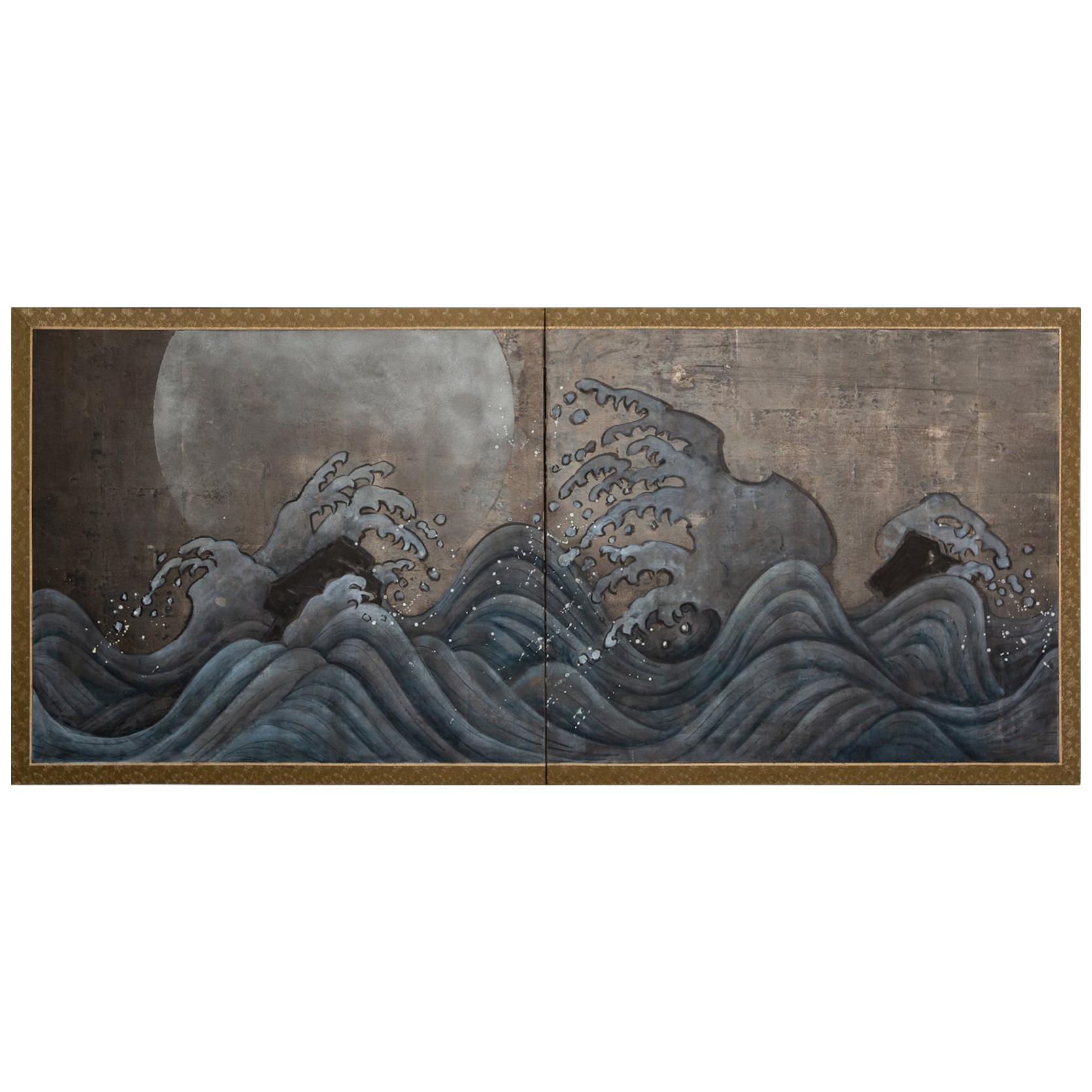 Japanese Two-Panel Screen "Moon Over Turbulent Sea"
