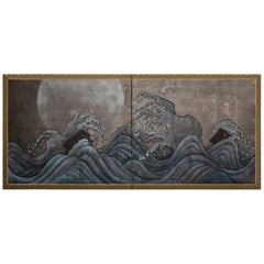 Japanese Two-Panel Screen "Moon Over Turbulent Sea"