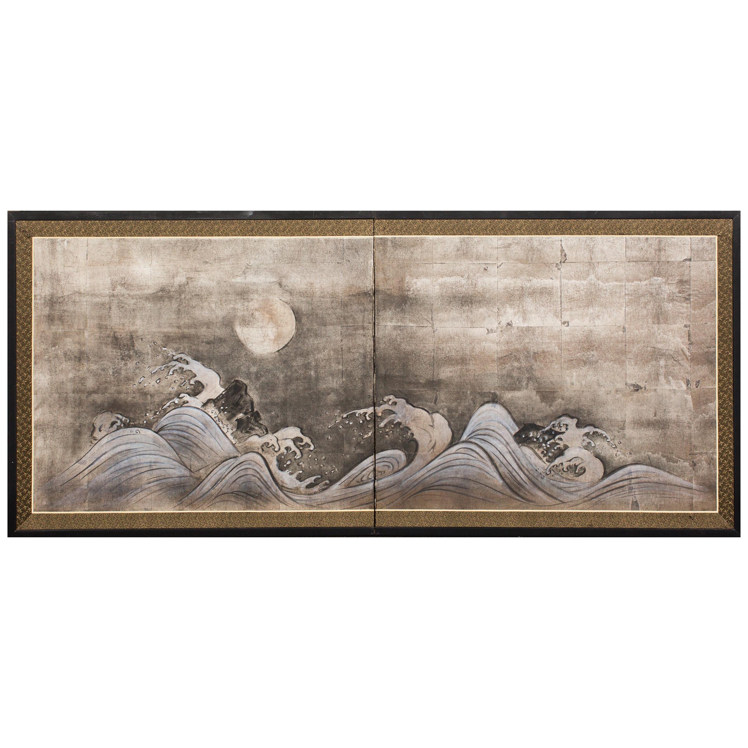 Japanese Two Panel Screen Moon Over Waves