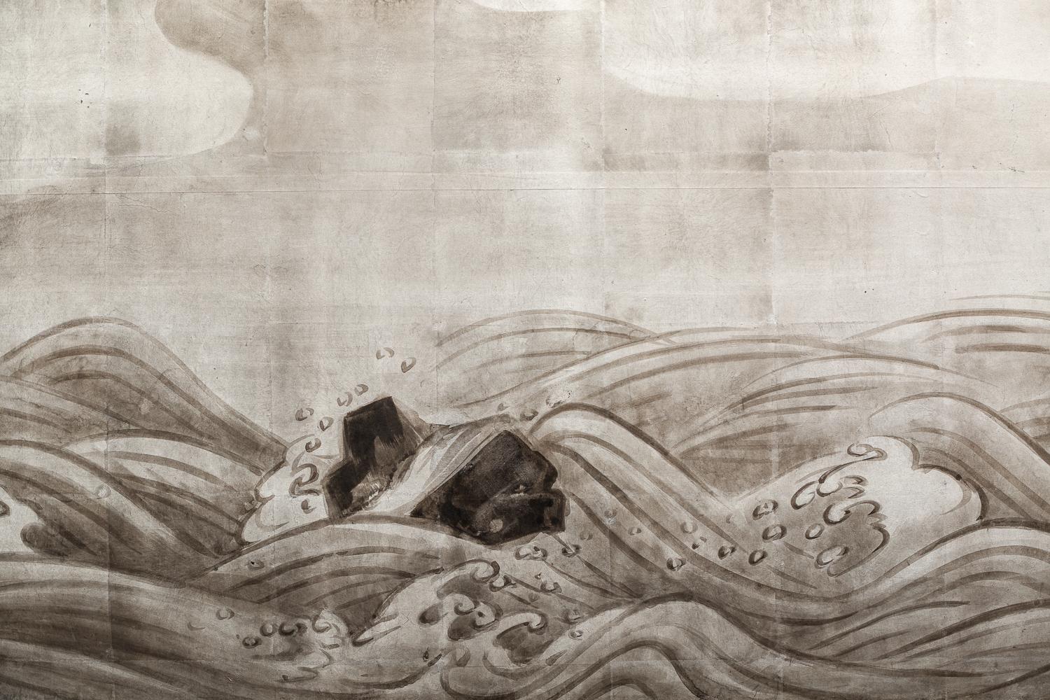Mid-20th Century Japanese Two Panel Screen Moon Rising Over Turbulent Ocean Landscape For Sale