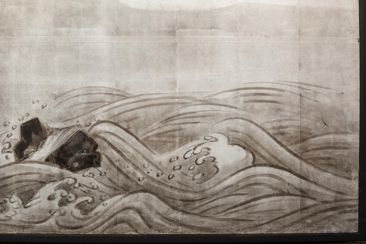 Paper Japanese Two Panel Screen Moon Rising Over Turbulent Ocean Landscape For Sale