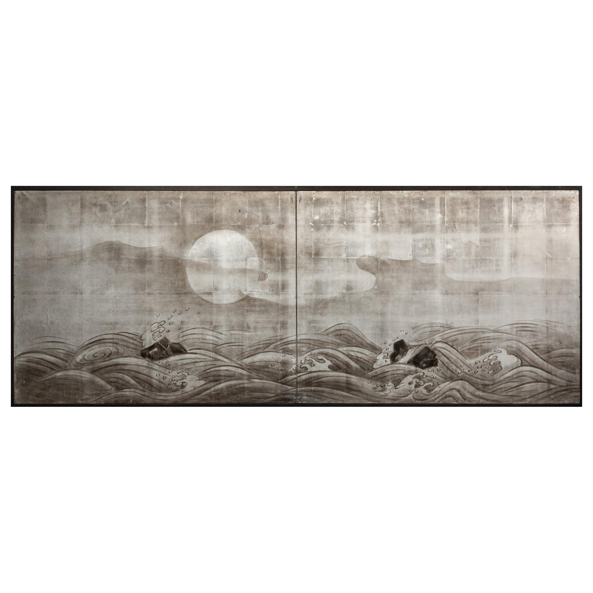 Japanese Two Panel Screen Moon Rising Over Turbulent Ocean Landscape For Sale