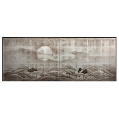 Antique Japanese Two Panel Screen Moon Rising Over Turbulent Ocean Landscape
