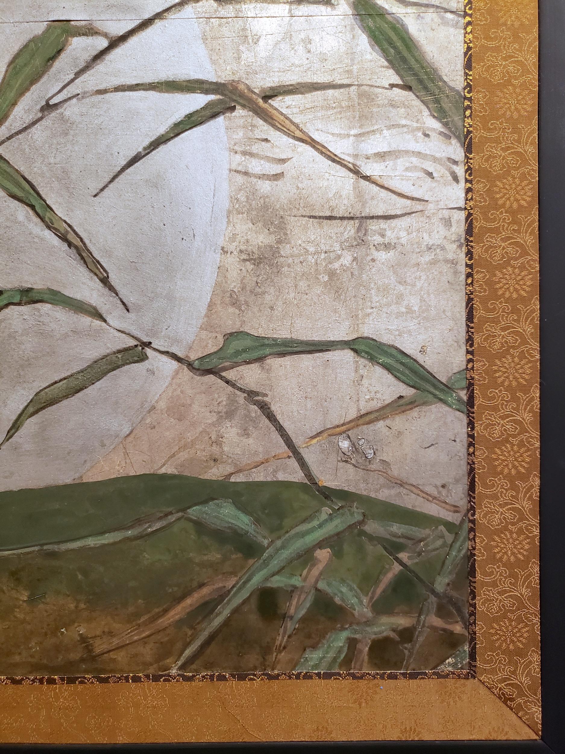 Japanese Two Panel Screen: Moon Rising Through Bamboo On Silver Leaf In Good Condition In Hudson, NY