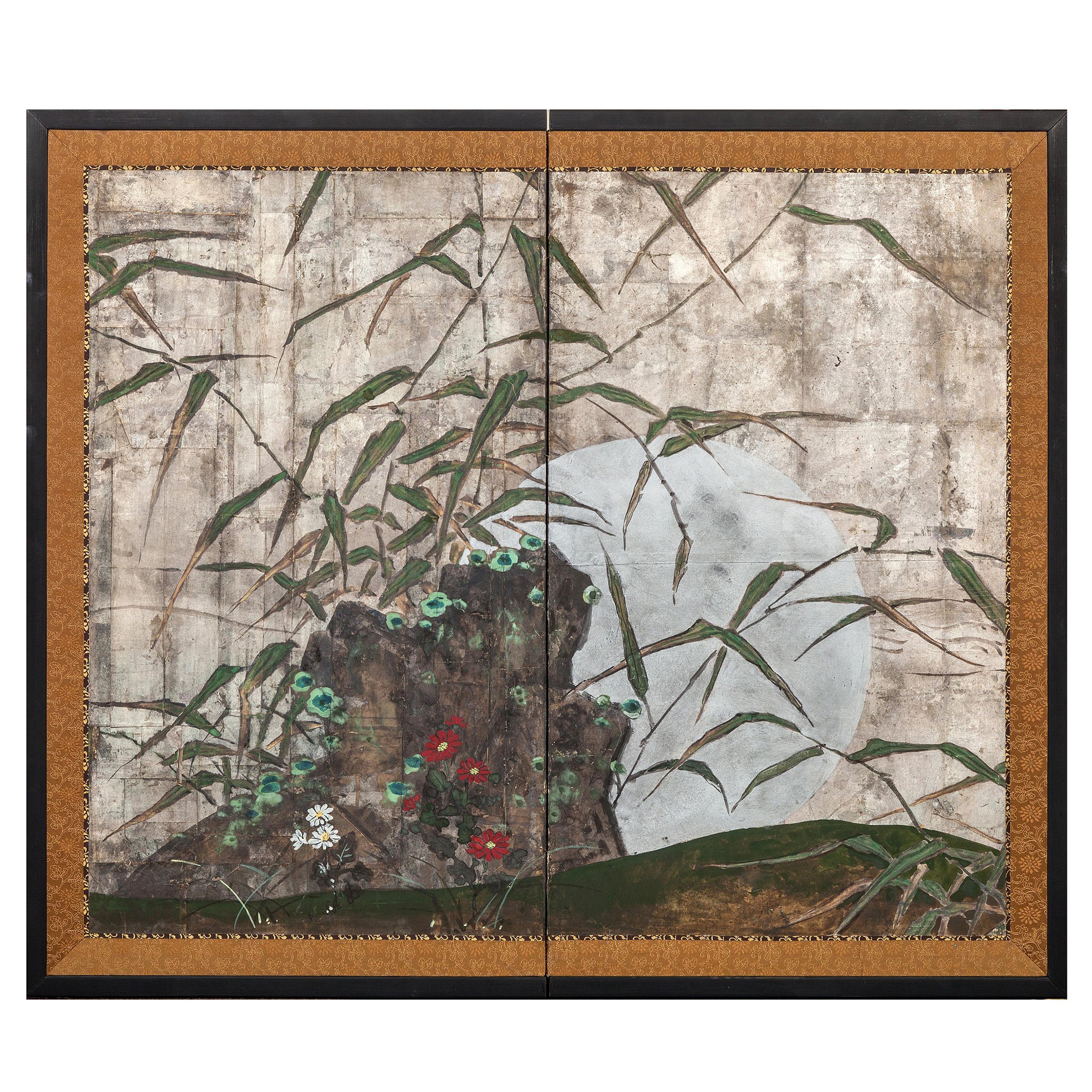 Japanese Two Panel Screen Moon Rising Through Bamboo on Silver Leaf For Sale