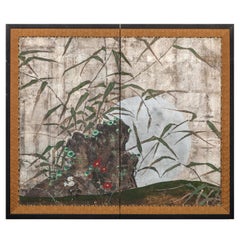 Japanese Two Panel Screen Moon Rising Through Bamboo on Silver Leaf