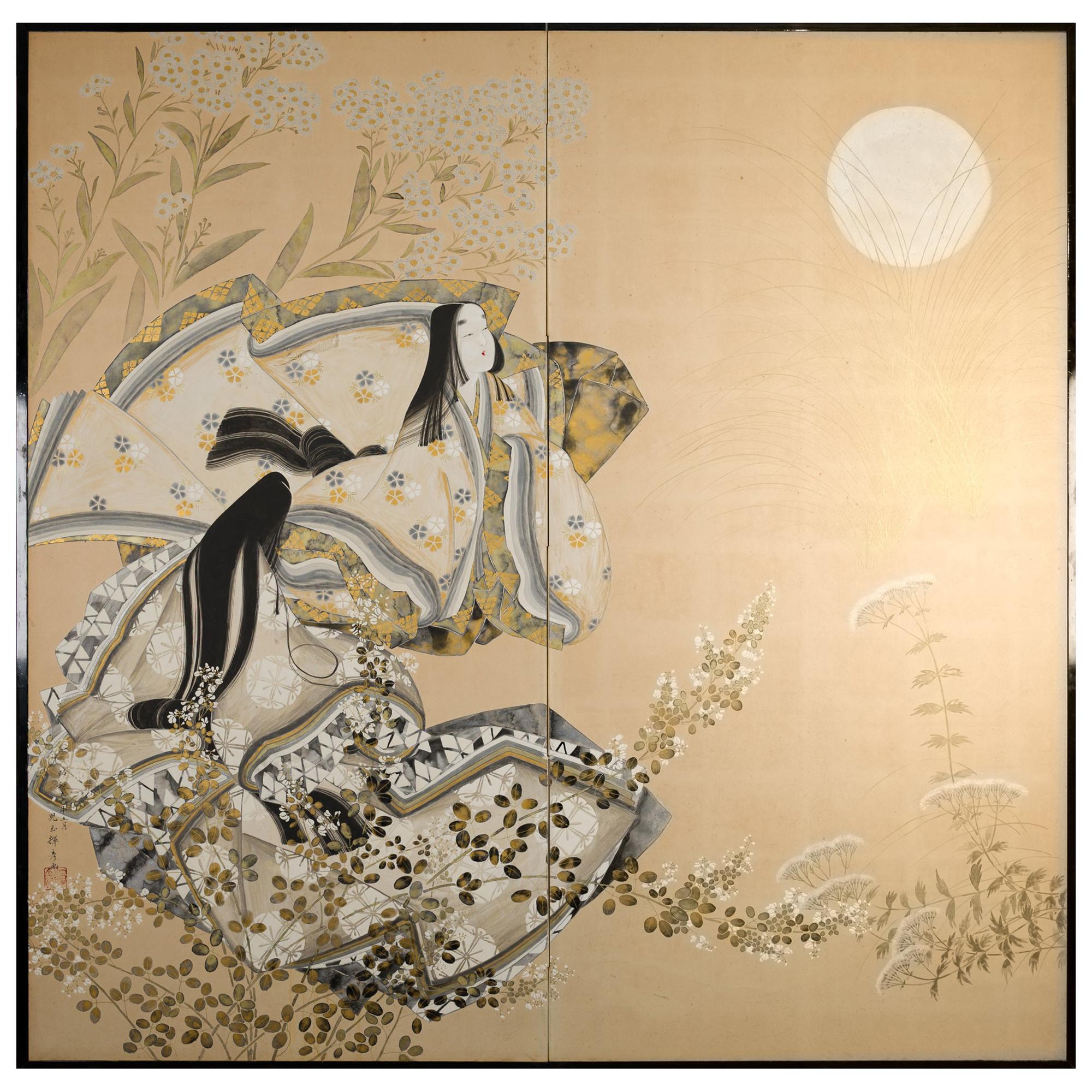 Japanese Two Panel Screen Moon Viewing