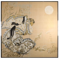Japanese Two Panel Screen Moon Viewing