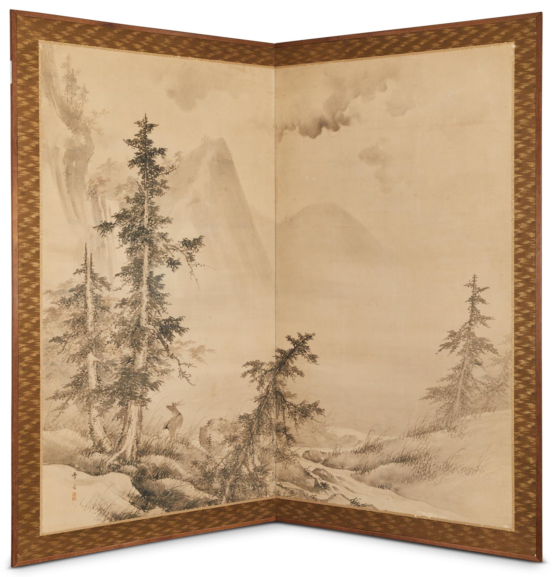 Japanischer Zwei-Panel-Bildschirm: Mondbeschienene Waldlandschaft mit Hirschen im Angebot 5