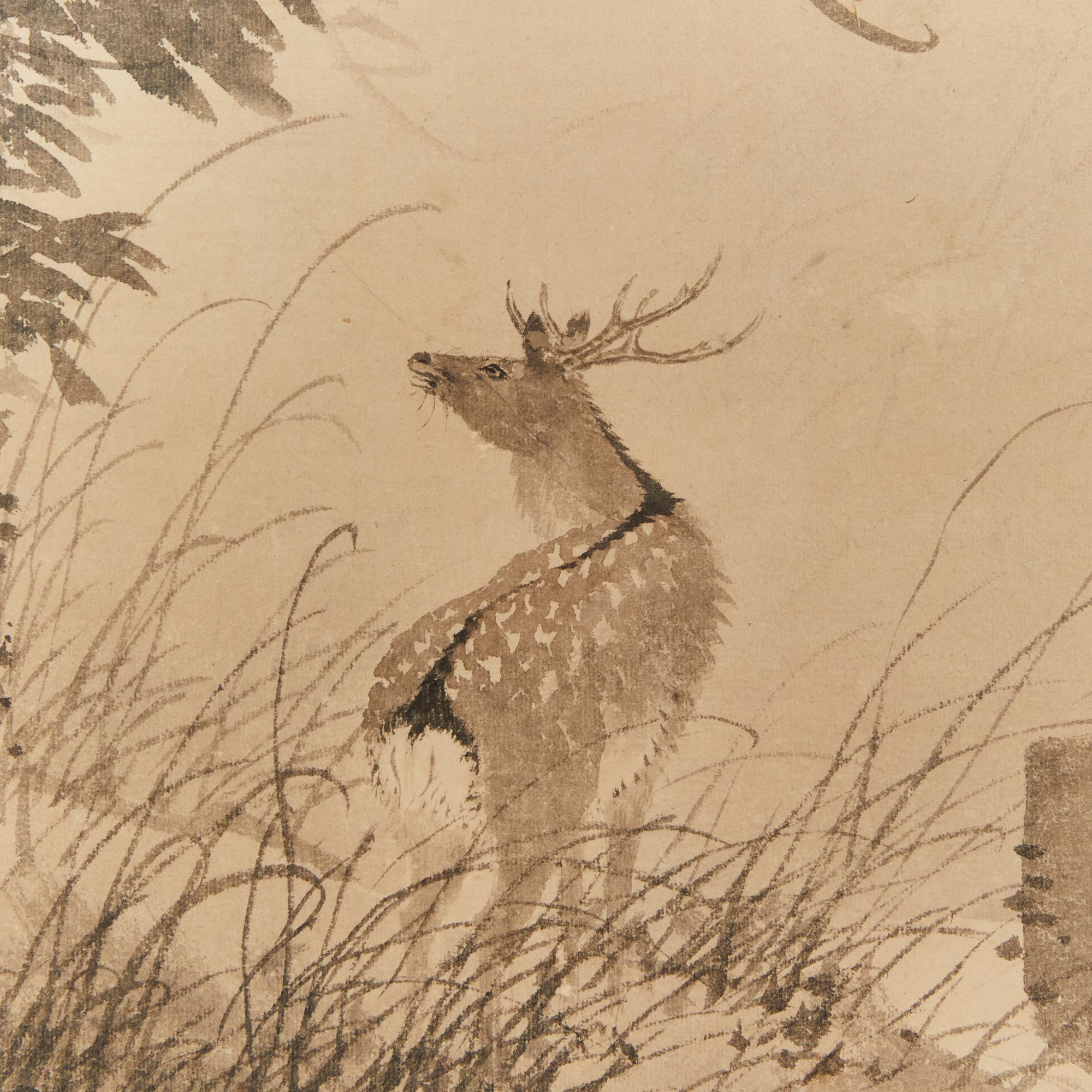 Sumi-Tusche auf Maulbeerpapier mit Seidenbrokatbordüre und Lackbesatz. Die Unterschrift lautet: Sobun. Siegel lautet: Morikawa 

Anmerkungen zum Künstler: Morikawa Sobun (1847-1902) wurde in einer Kyotoer Kaufmannsfamilie geboren. Im Alter von 20