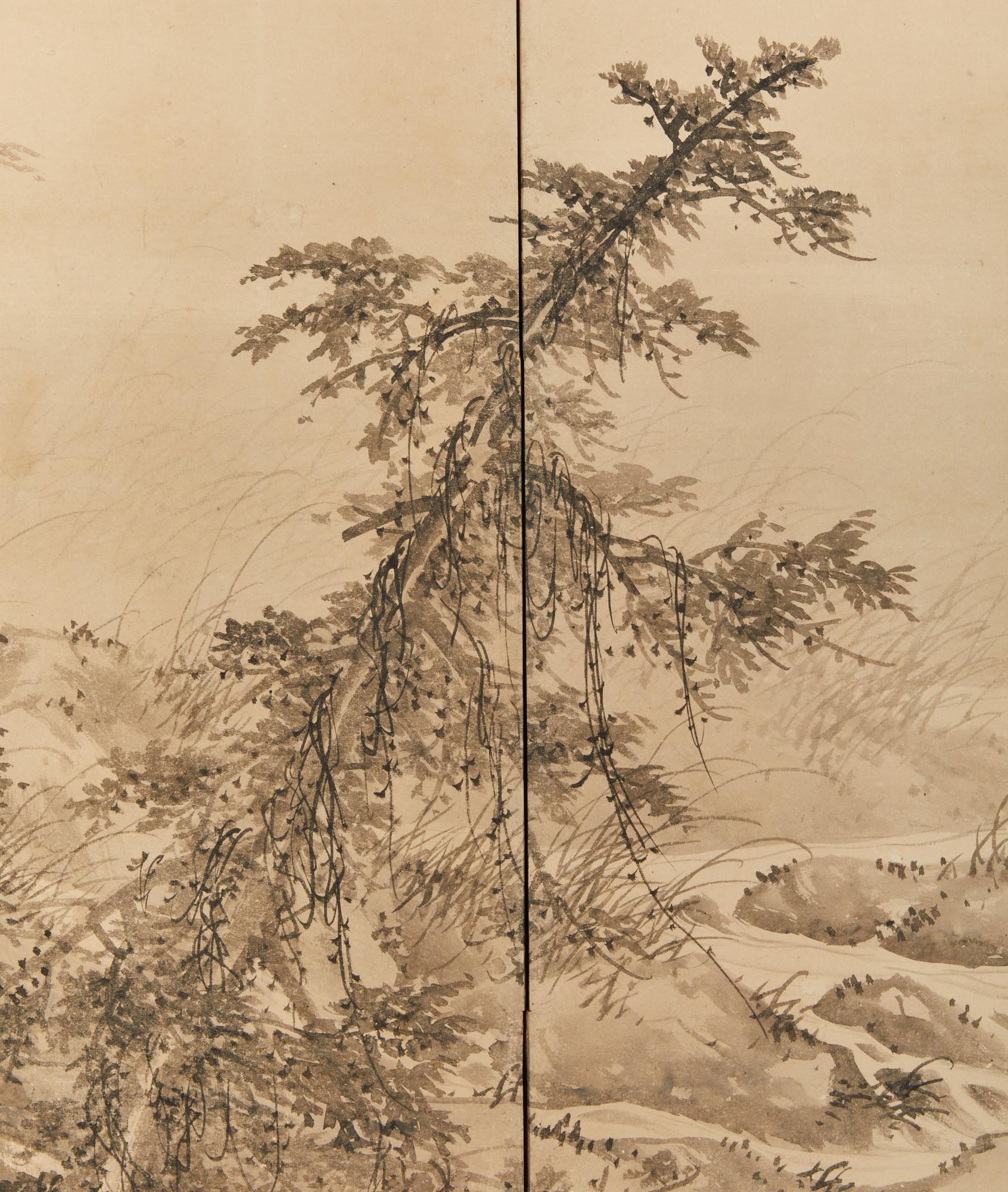 Japanischer Zwei-Panel-Bildschirm: Mondbeschienene Waldlandschaft mit Hirschen (19. Jahrhundert) im Angebot