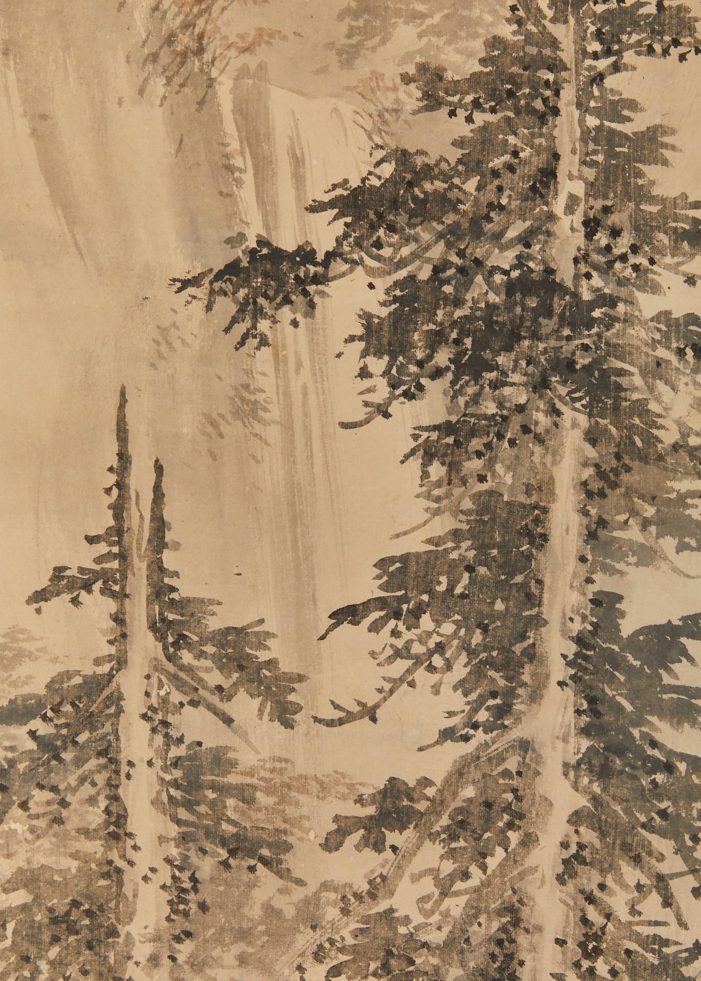 Japanischer Zwei-Panel-Bildschirm: Mondbeschienene Waldlandschaft mit Hirschen (Brokat) im Angebot