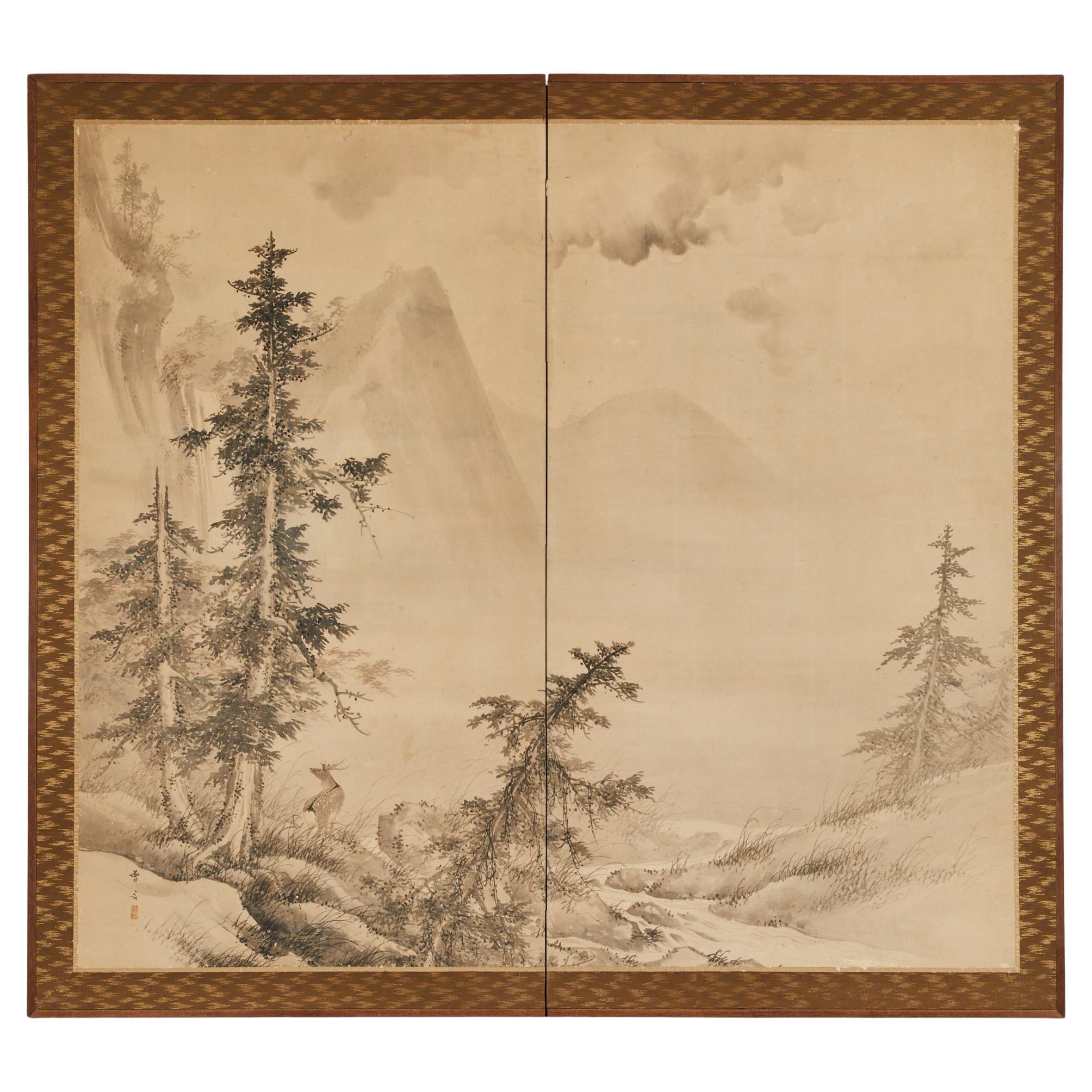 Japanischer Zwei-Panel-Bildschirm: Mondbeschienene Waldlandschaft mit Hirschen