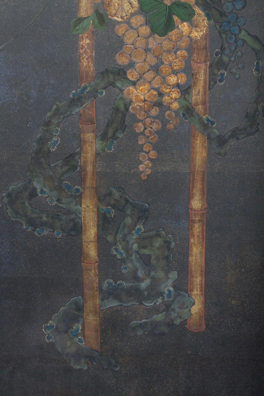 Edo Japanese Two Panel Screen, Moonlit Grape Vine and Arbor