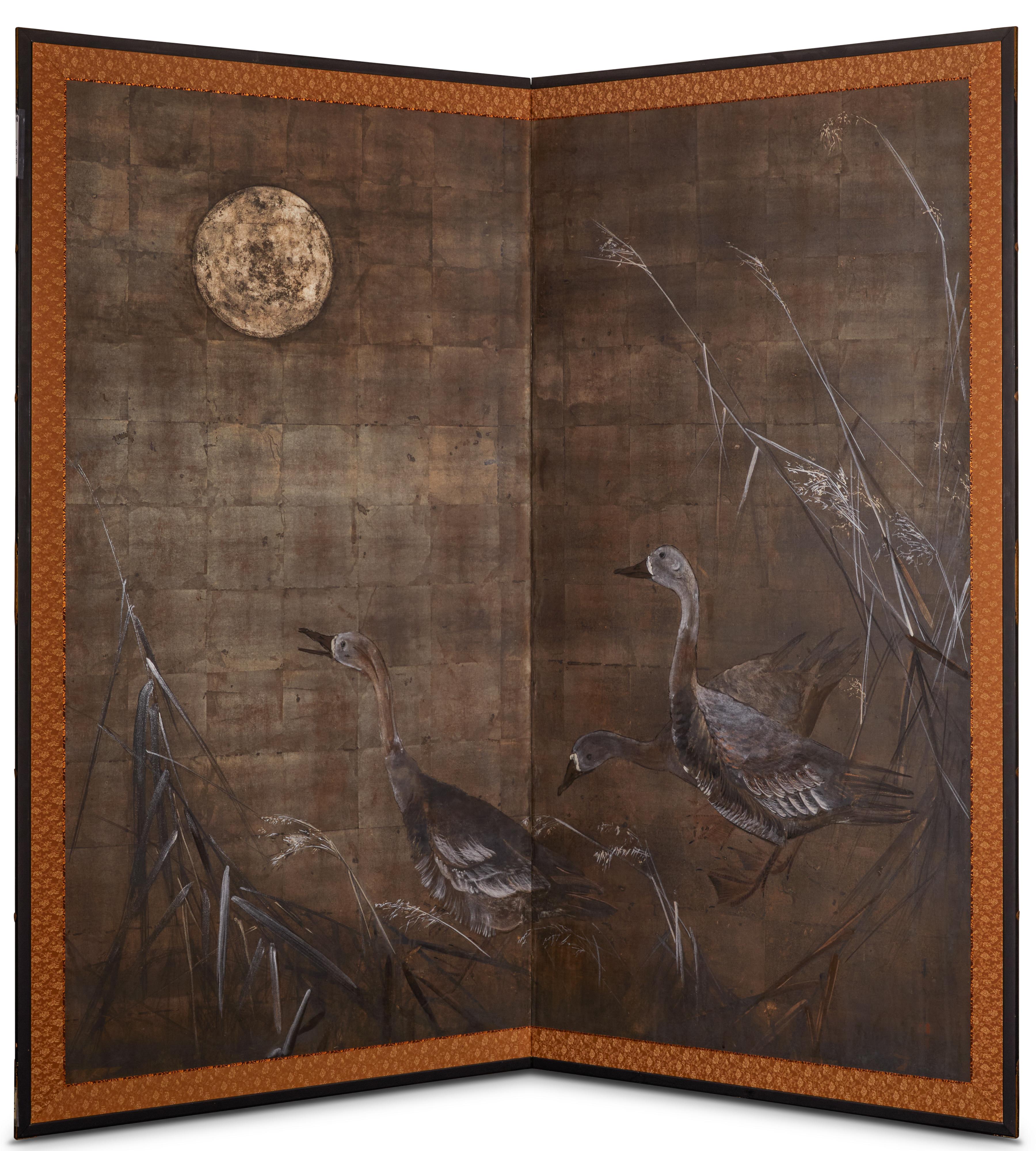 Japanese Two Panel Screen: Moonlit Landscape with Geese For Sale 3