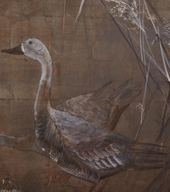 Paravento giapponese a due pannelli: Paesaggio al chiaro di luna con oche