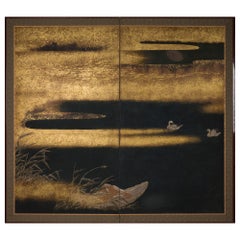 Japanese Two Panel Screen Moonlit Snow Scene Over Lake Biwa