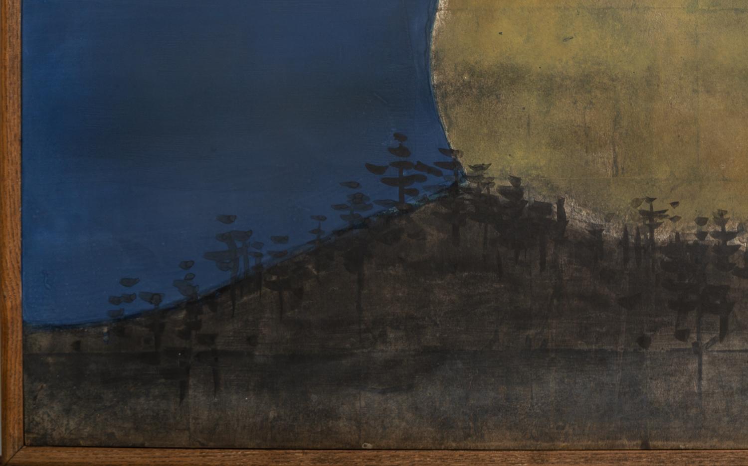Contemporary painting of moon over mountain forest. Painted in mineral pigments on mulberry paper.