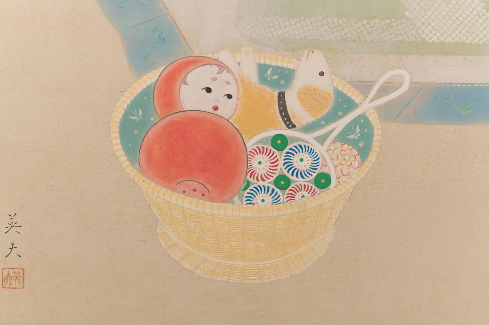 Japanischer Zwei-Panel-Bildschirm: Mutter und Kind zur Schlafenszeit. Gemälde aus der Showa-Zeit (1926-1989) von Hideo Naishou, der 1918 in Kobe geboren wurde. Wunderschöne Szene einer Mutter, die ihr Baby auf einem Futon unter einem Moskitonetz