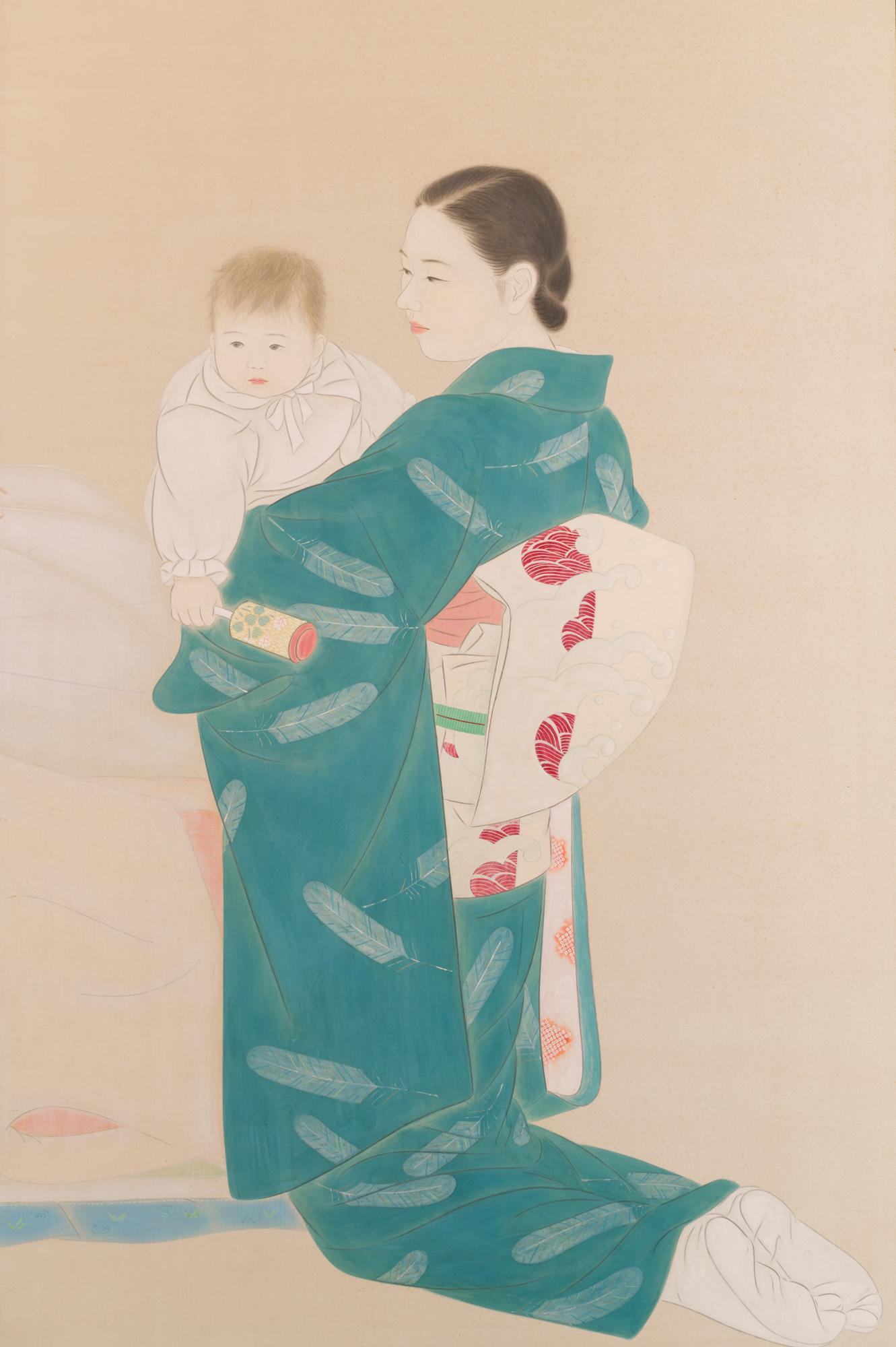 Japanischer Raumteiler mit zwei Tafeln für Mutter und Kind zu Betten (Showa) im Angebot